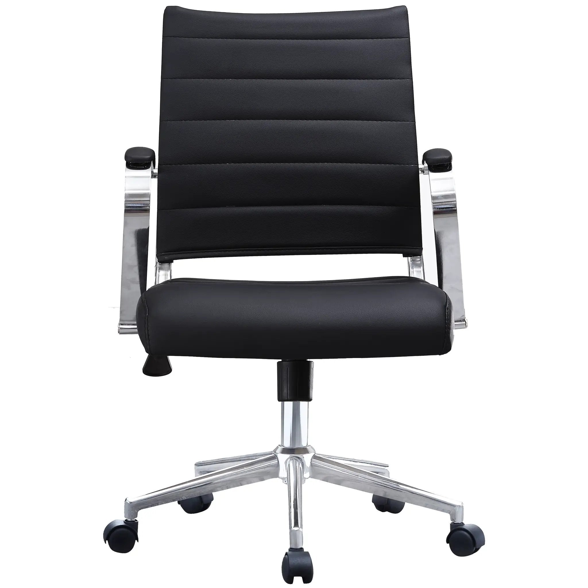Black Office Chairs Mid Back Ribbed PU Leather Executive Task Work Conference with Arms Wheels Tilt Swivel Rolling