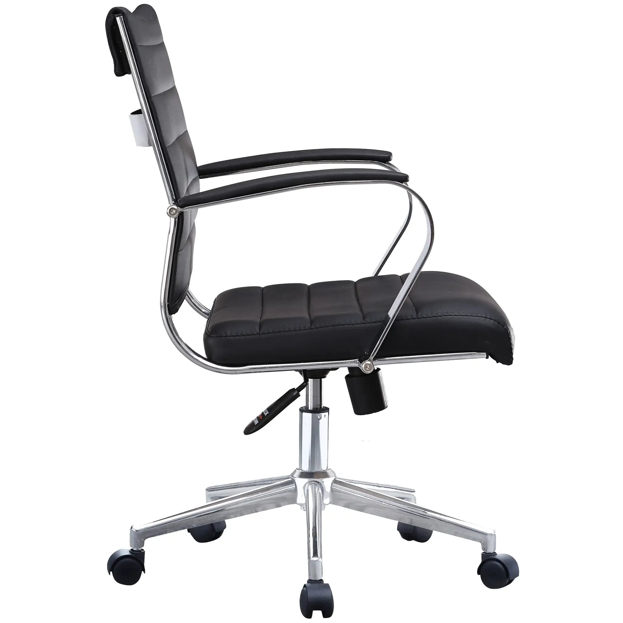 Black Office Chairs Mid Back Ribbed PU Leather Executive Task Work Conference with Arms Wheels Tilt Swivel Rolling