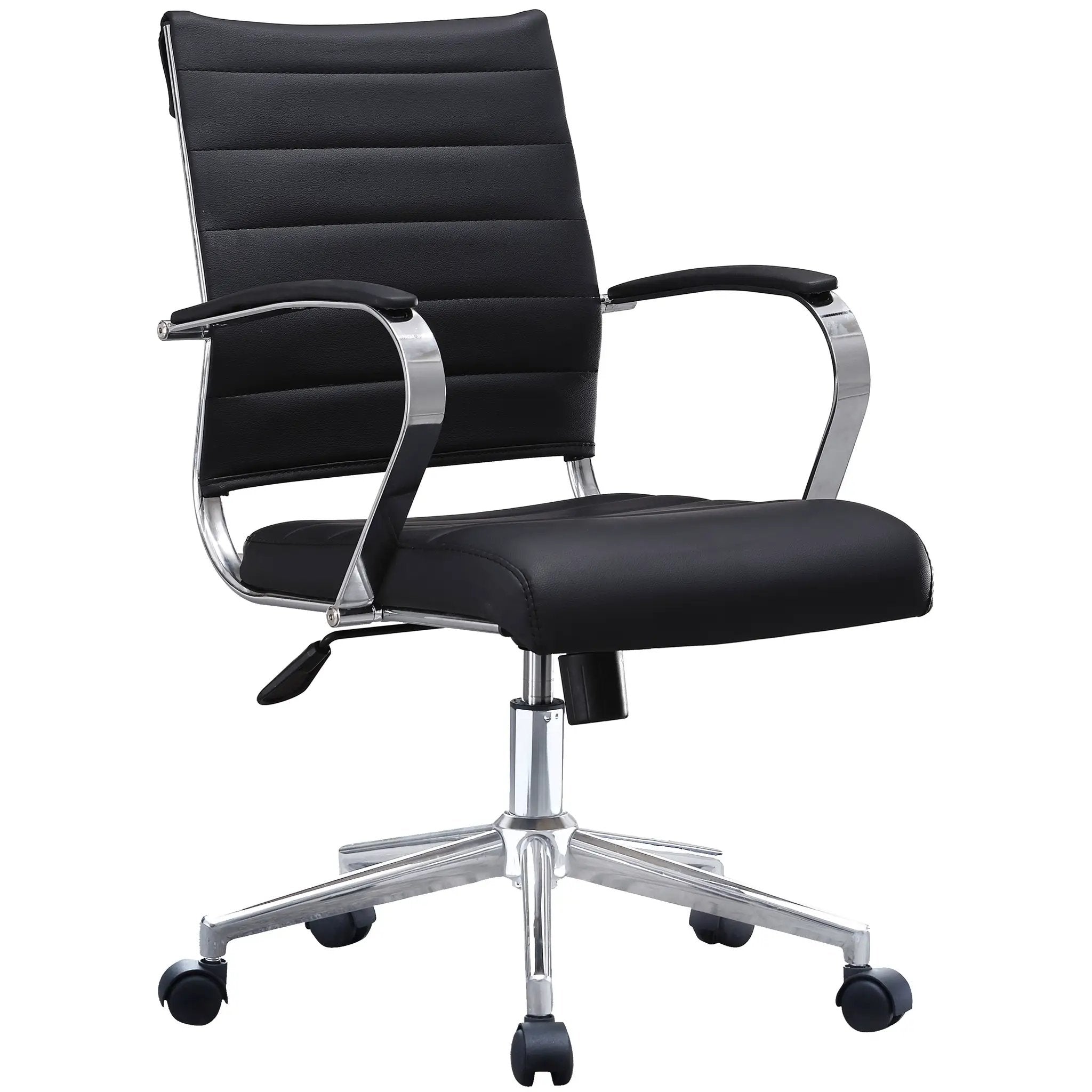 Black Office Chairs Mid Back Ribbed PU Leather Executive Task Work Conference with Arms Wheels Tilt Swivel Rolling