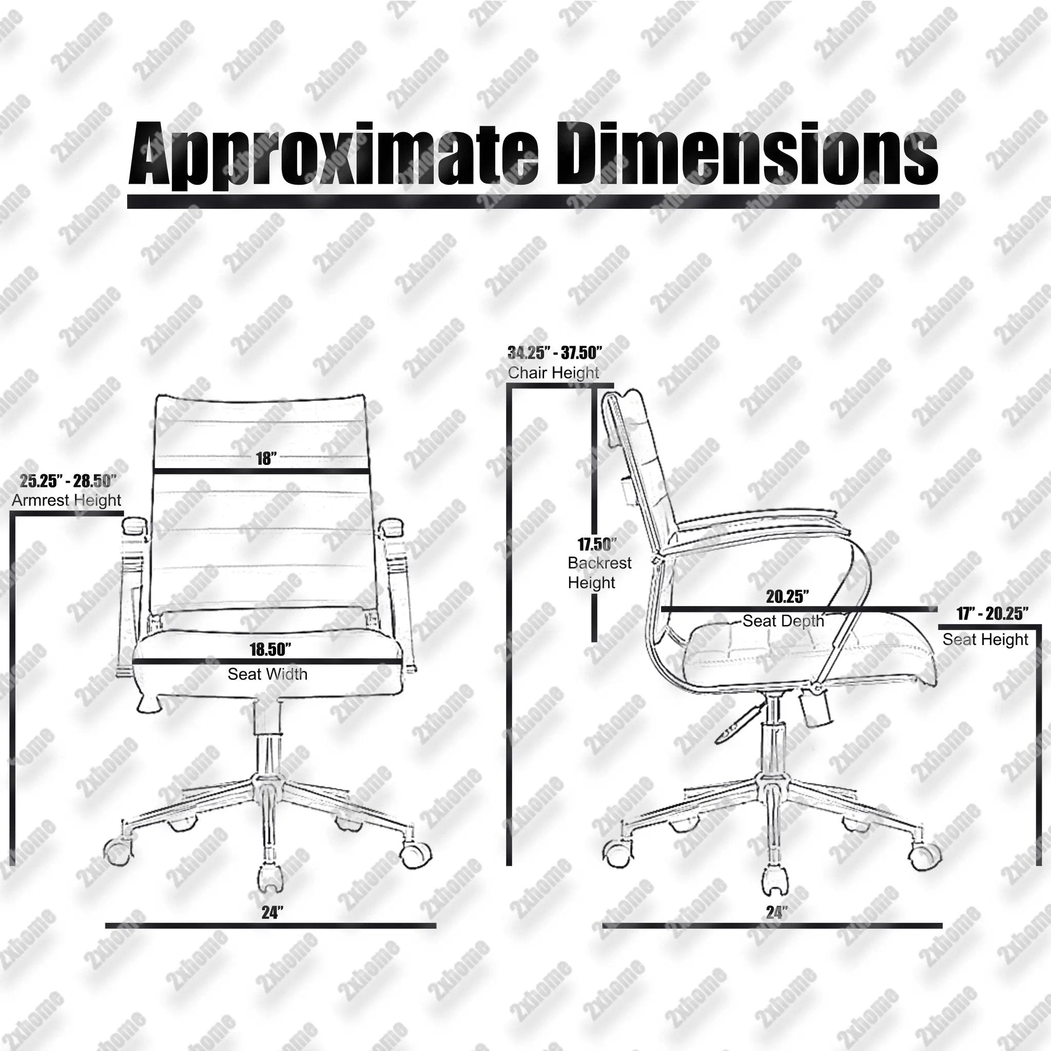 Black Office Chairs Mid Back Ribbed PU Leather Executive Task Work Conference with Arms Wheels Tilt Swivel Rolling