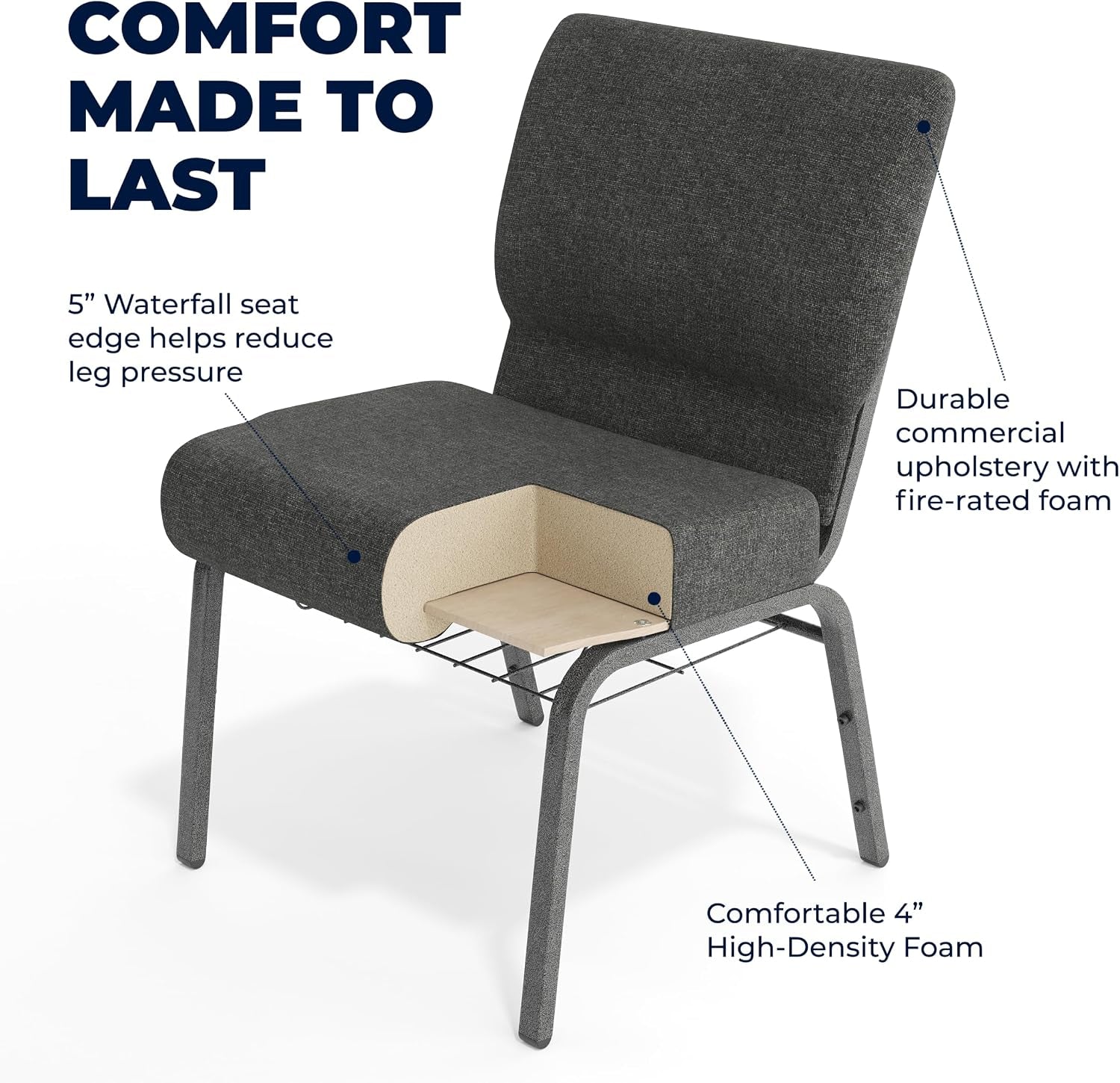 Flash Furniture HERCULES Series 21''W Church Chair in Dark Gray Fabric with Book Rack - Silver Vein Frame