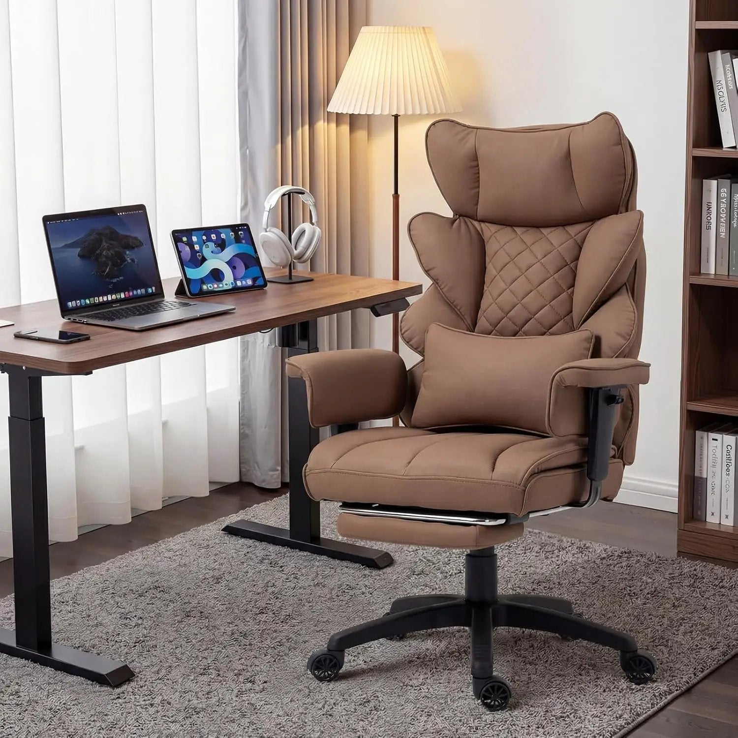 Dowinx big and tall office chair with brown PU leather, high back, adjustable armrests, lumbar support, footrest, and pocket spring cushion.
