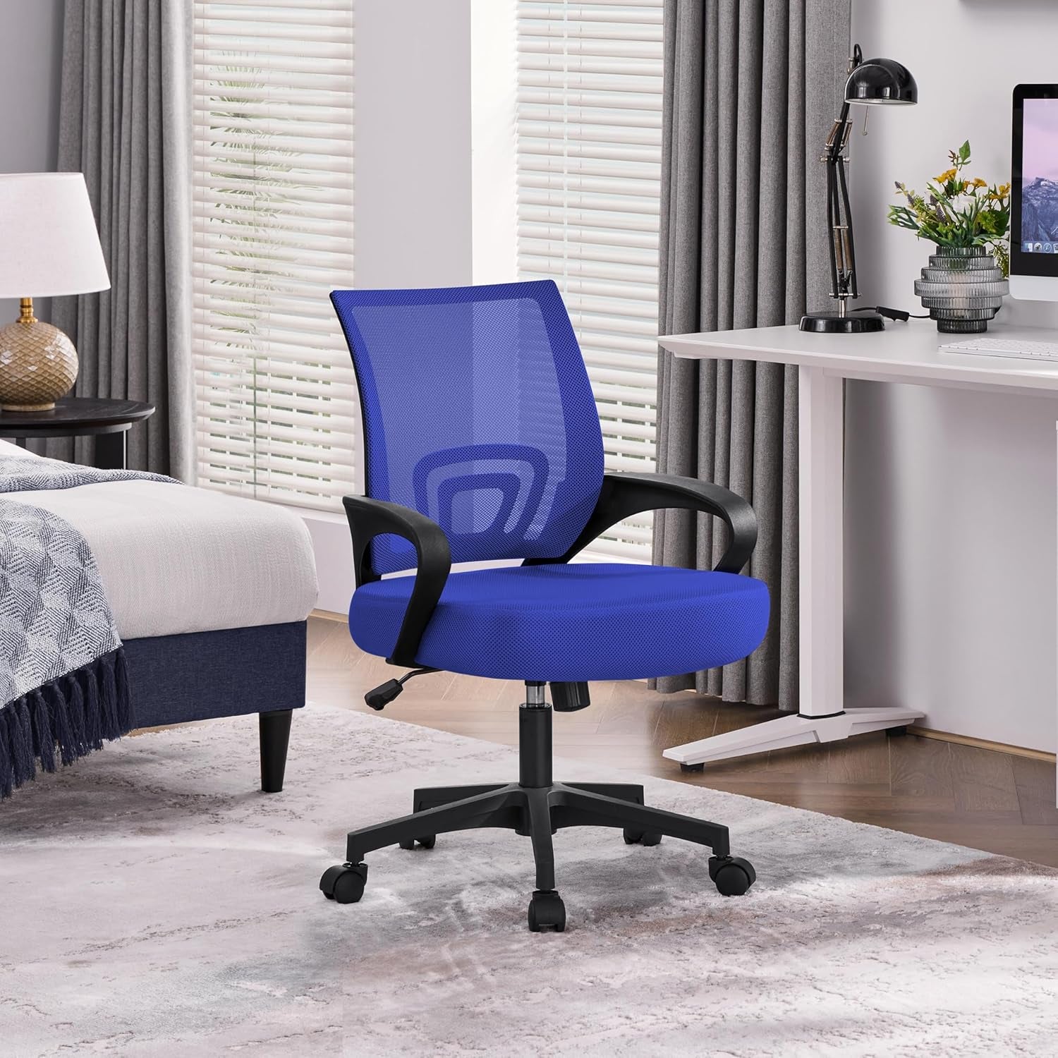 Yaheetech Mid Back Mesh Computer Office Desk Chair Adjustable Swivel, Blue | Breathable Mesh Back and Foam Padded Seat for Comfortable Work at Home or Office; Steel Frame Holds 300 Lb, Easy Assembly.