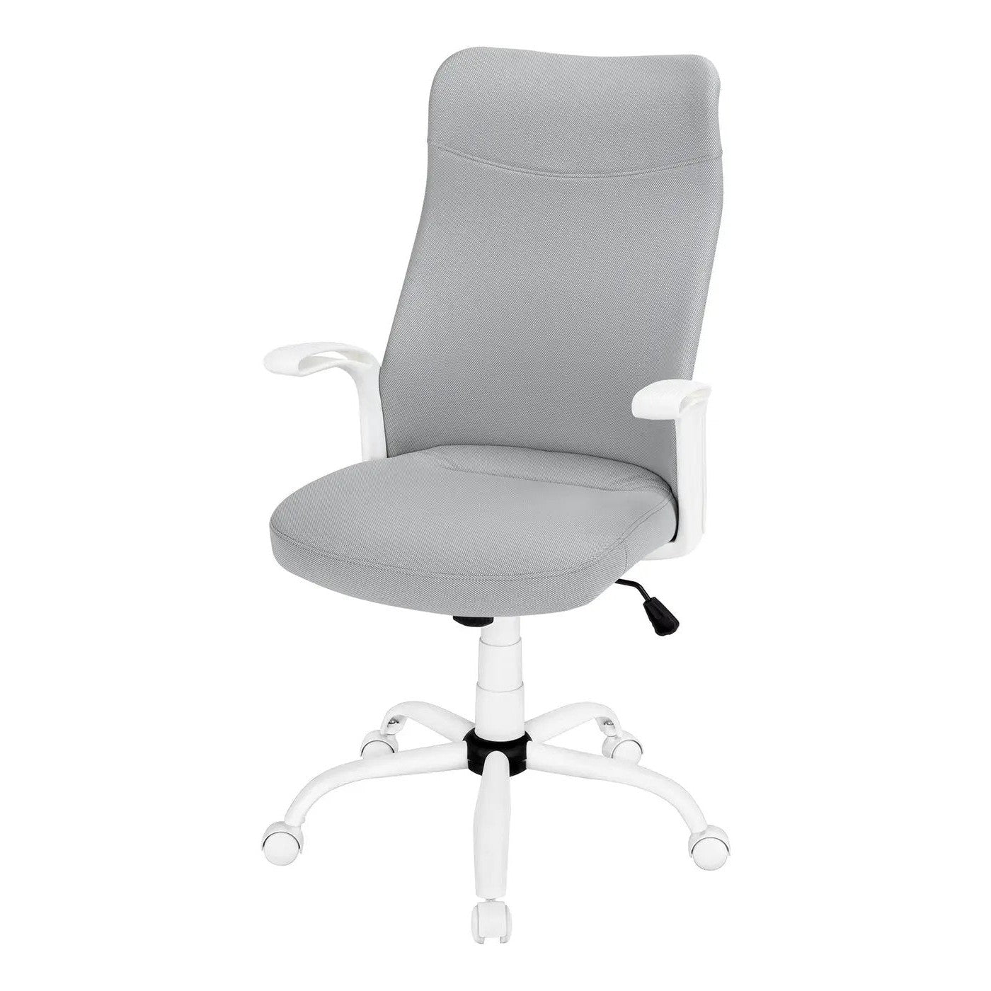 Office chair with grey mesh upholstery, white frame and armrests, adjustable height and swivel base.