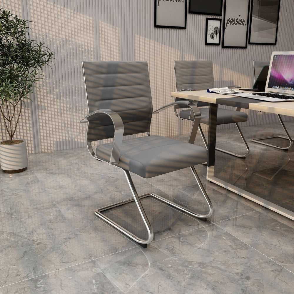 24 PCS Benmar Leather Upholstered Computer Office Chair with Sled Base, Padded Armrests for Home or Office - Grey
