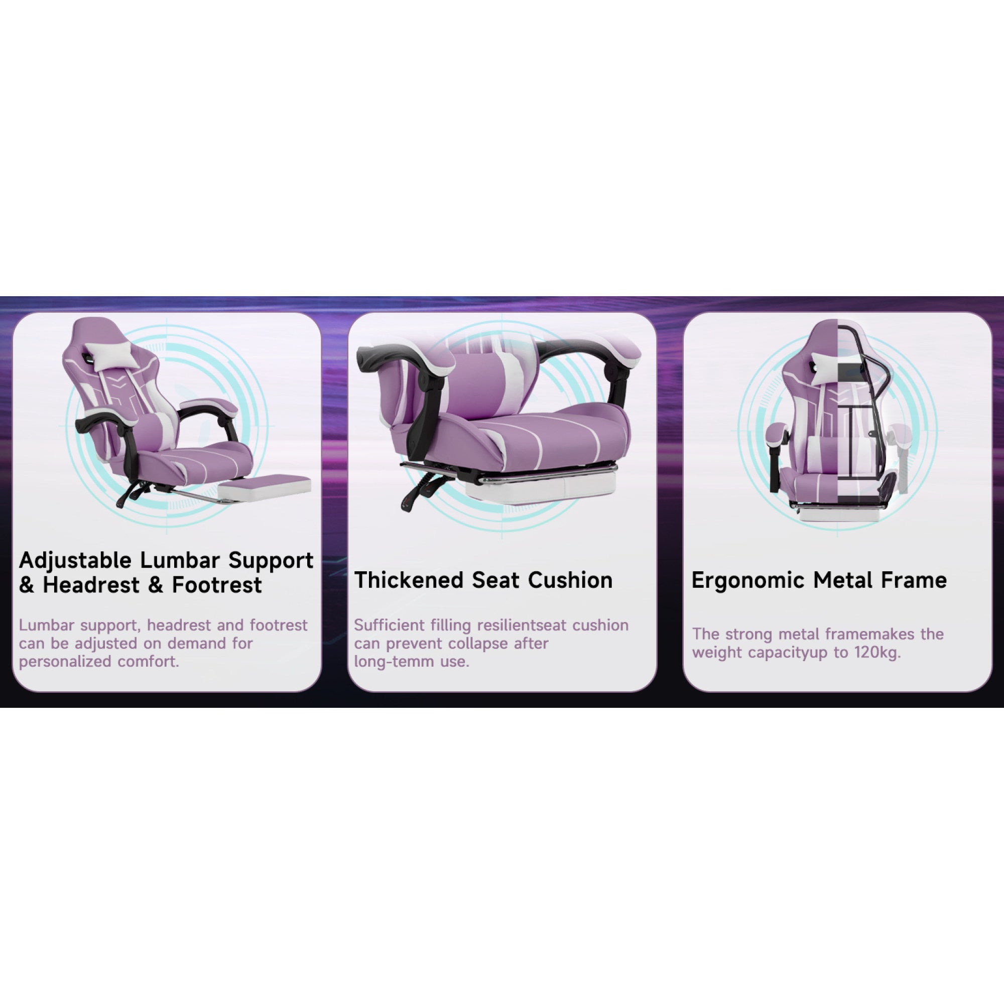 Purple and White Ergonomic Gaming Chair with Footrest - lumbar, cushion, metal frame