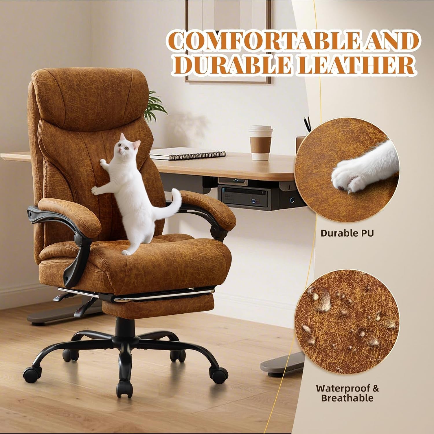 Big and Tall Office Chairs with Foot Rest,500Lbs Wide Ergonomic Gaming Chair,90-155°Recline Executive Leather Computer Chairs with Adjustable Height,Brown