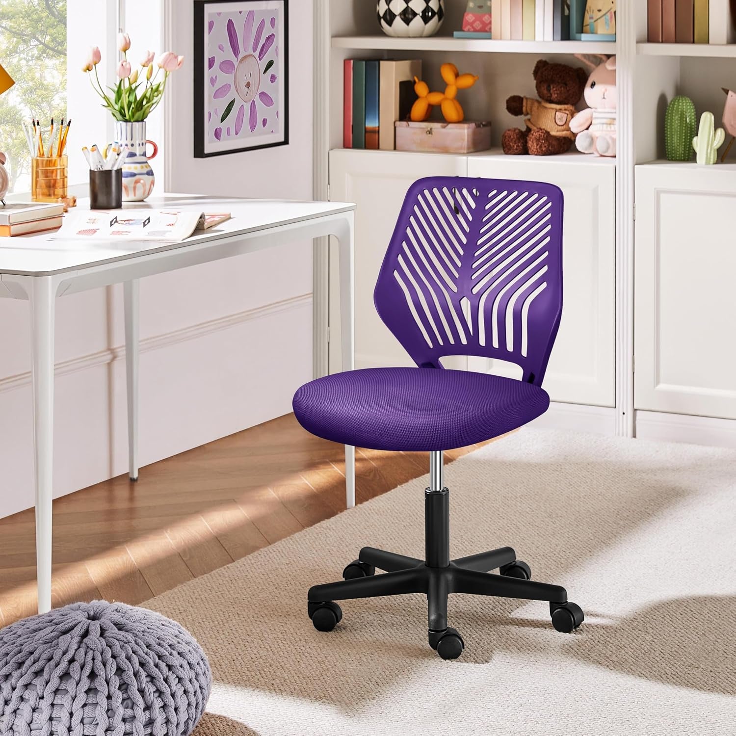 Yaheetech Student Desk Chair, Low-Back Armless Study Chair with Lumbar Support, Adjustable Swivel Office Chair for Home Bedroom School, Purple