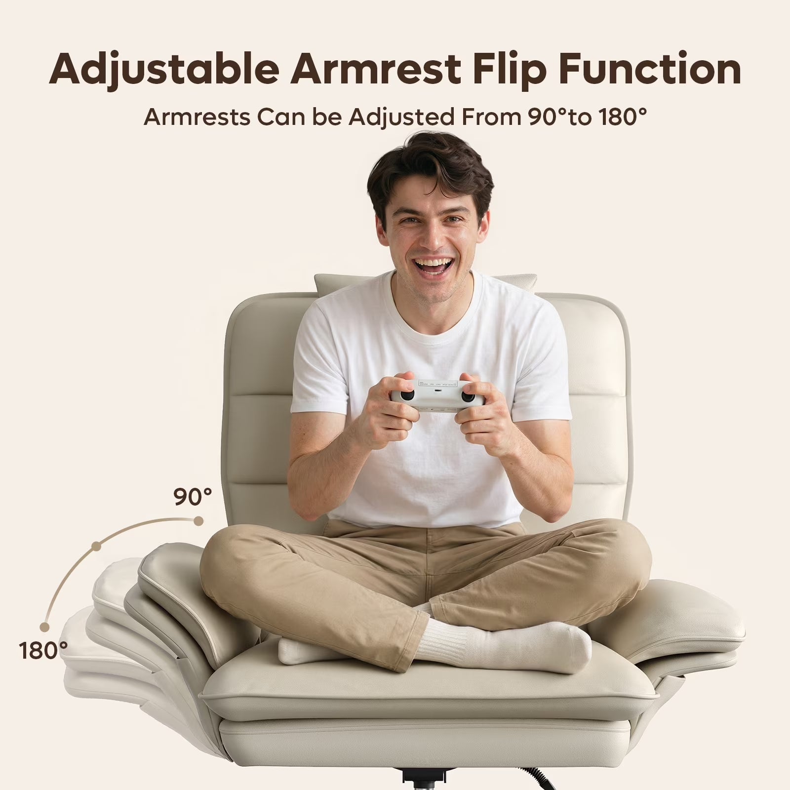 Bestier Big and Tall Ergonomic Office Chair with Flip-Up Arms, PU Leather High Back Executive Swivel Desk Chair with Side Pockets & Headrest , Height Adjustable Computer Chair for Home, Beige