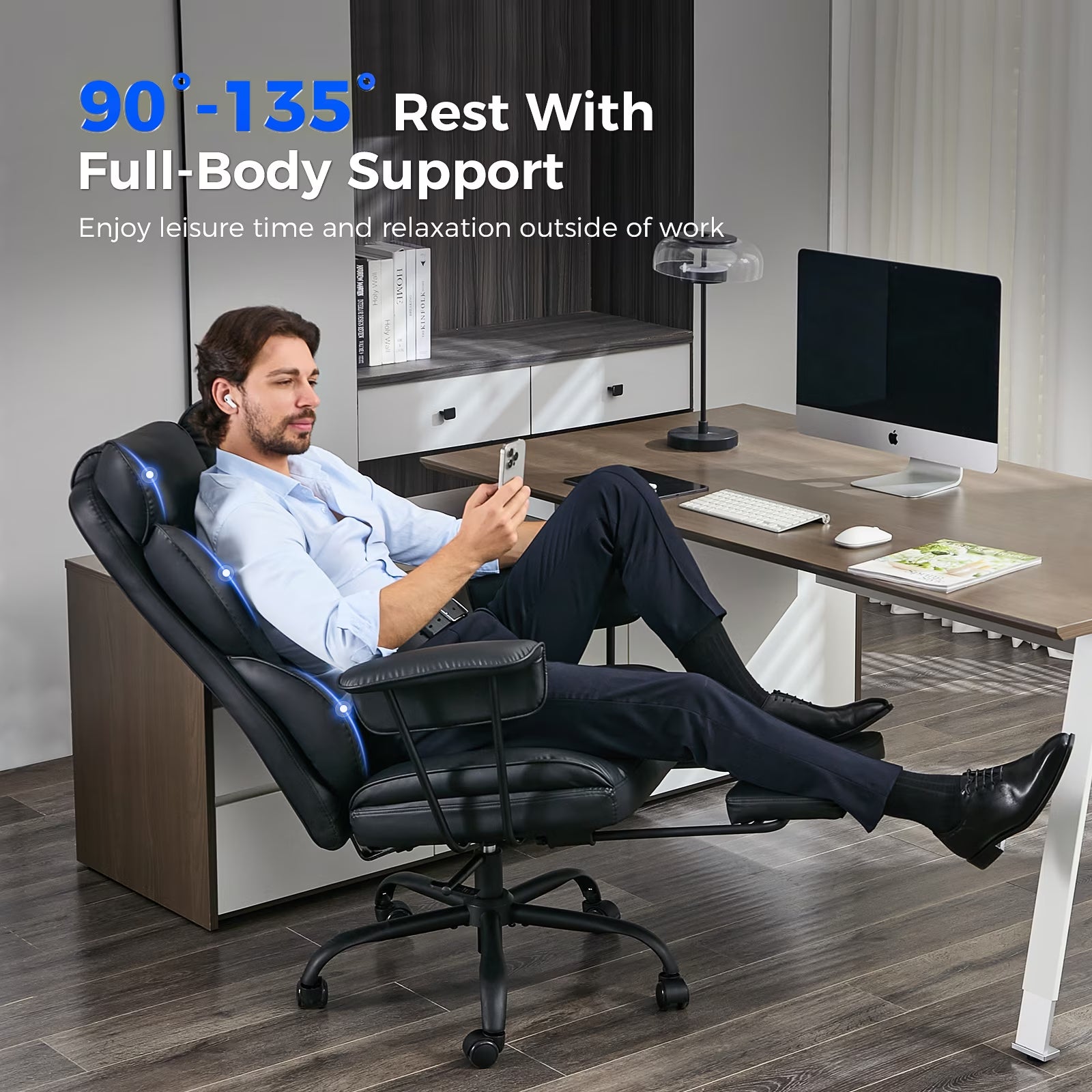 TMV Big and Tall Office Chair -High Back PU Leather Office Chair with Footrest, Wide Seat and Lumbar Support, Black