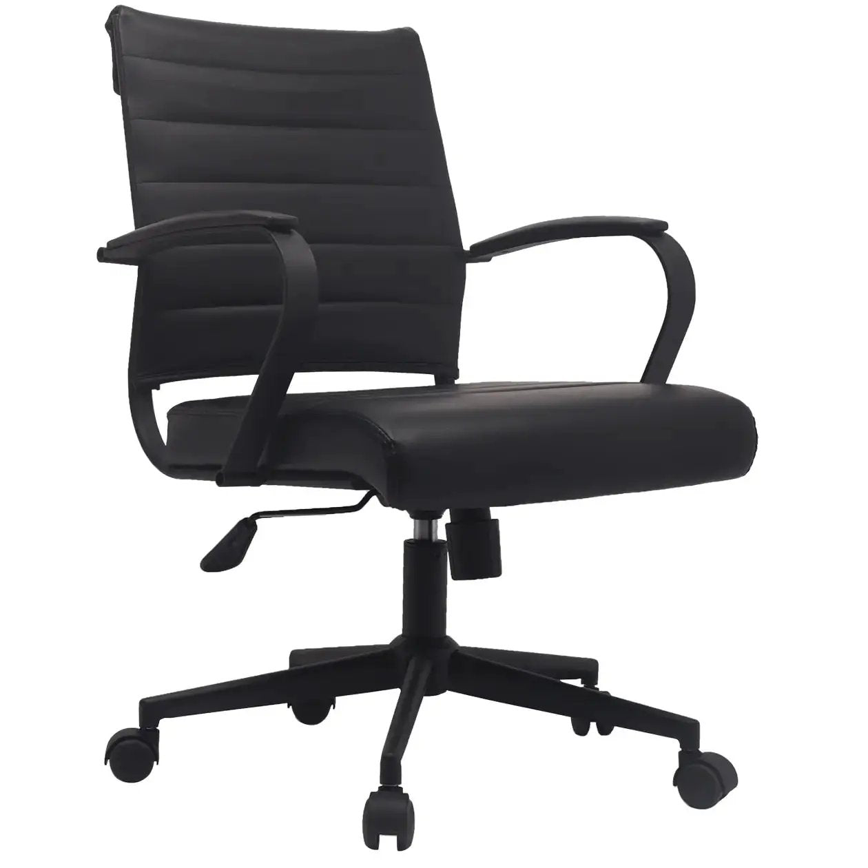 Black Office Chairs Mid Back Ribbed PU Leather Executive Task Work Conference with Arms Wheels Tilt Swivel Rolling
