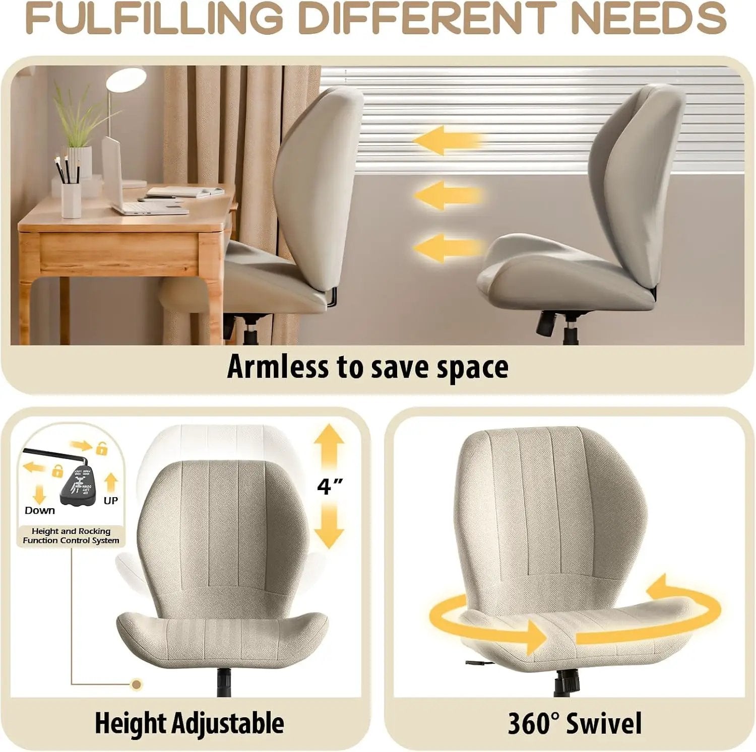 ZZW Criss Cross Chair with Wheels, Wide Cross Legged Office Chair Armless Comfy Desk Chair with Tall Back Vanity Chairs with Stress Relief Curved Design Seat for Bedroom & Office & Home Oatmeal
