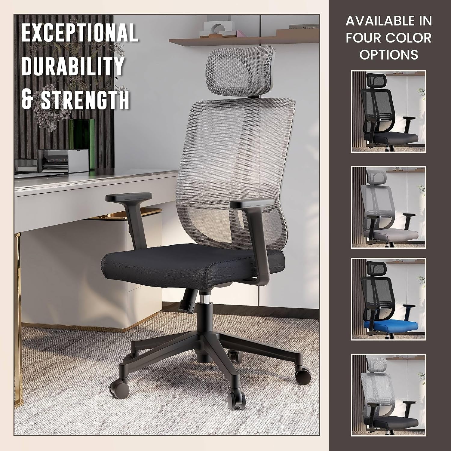 Leisuremod Office Chair, Adjustable Height Arm & Headrest, Upholstered Black Cotton Fabric Foam Filled Seat with White Mesh High Back, Modern Ergonomic Chair, 360 Degree Swivel & Tilt, Nift Series