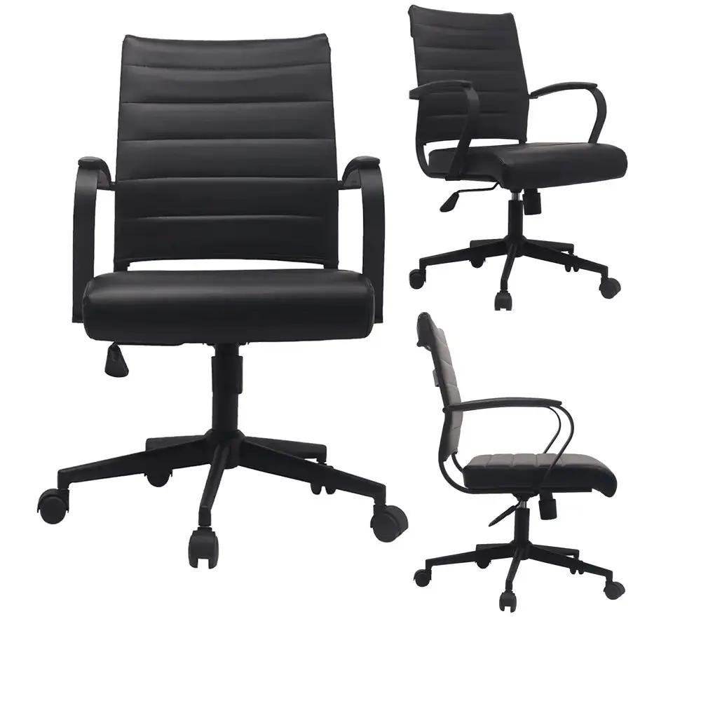 Black Office Chairs Mid Back Ribbed PU Leather Executive Task Work Conference with Arms Wheels Tilt Swivel Rolling