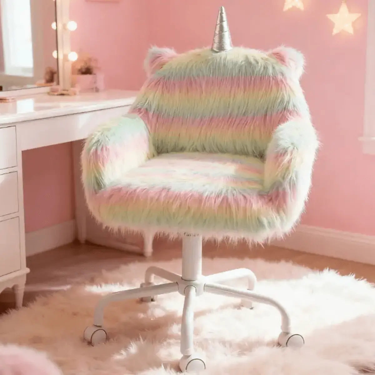 Rainbow Fuzzy Unicorn Desk Chair - Plush & Swivel Kids Office Seat - Platinum-Level Office Chairs