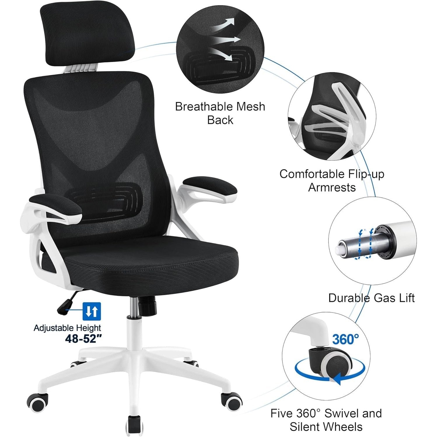 Yaheetech Ergonomic Office Chair with Headrest, Lumbar Support, White/Black | Breathable Mesh High-Back Adjustable Headrest, Padded Seat, and Flip-Up Armrests Supports Your Back and Neck, Holds 300Lb