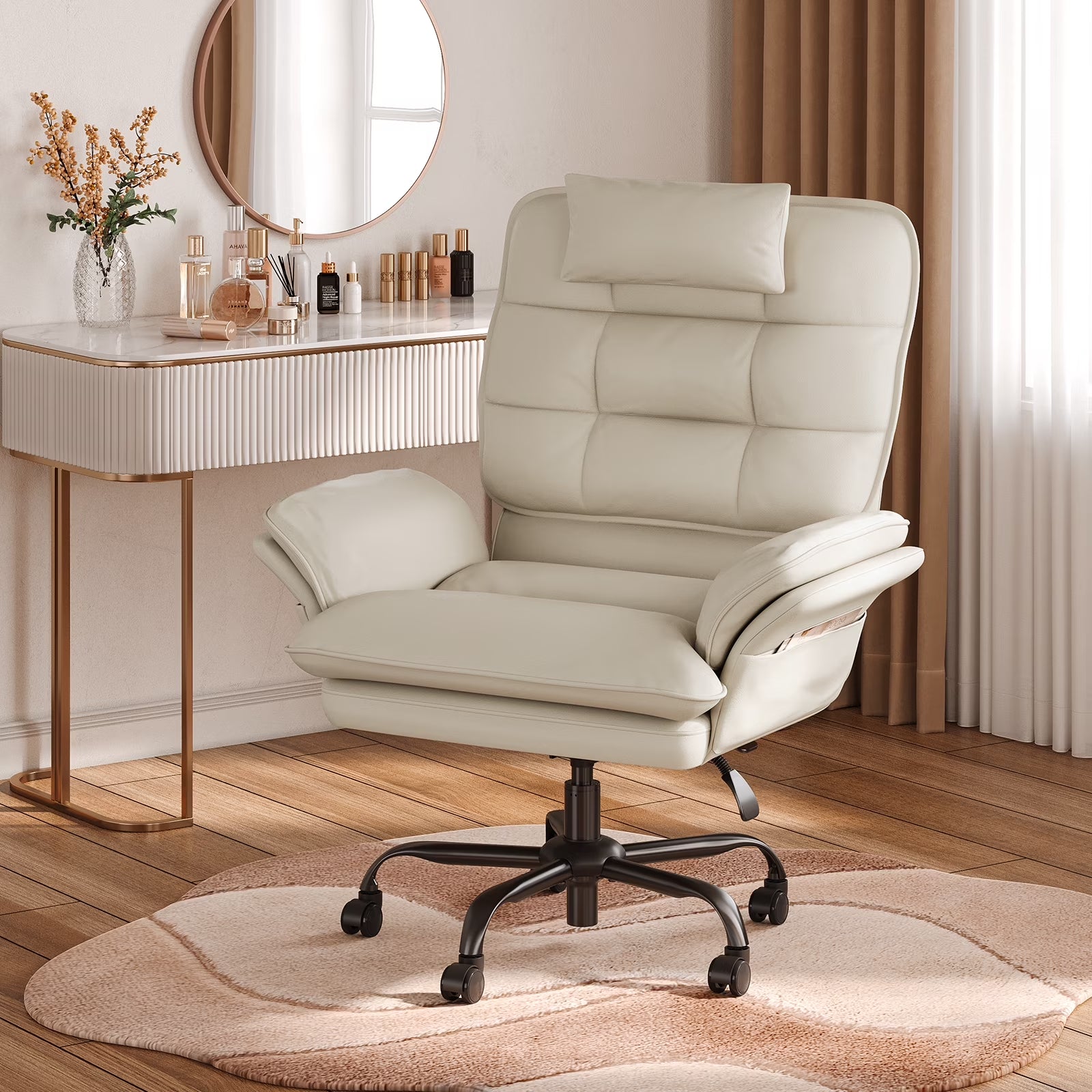 Bestier Big and Tall Ergonomic Office Chair with Flip-Up Arms, PU Leather High Back Executive Swivel Desk Chair with Side Pockets & Headrest , Height Adjustable Computer Chair for Home, Beige