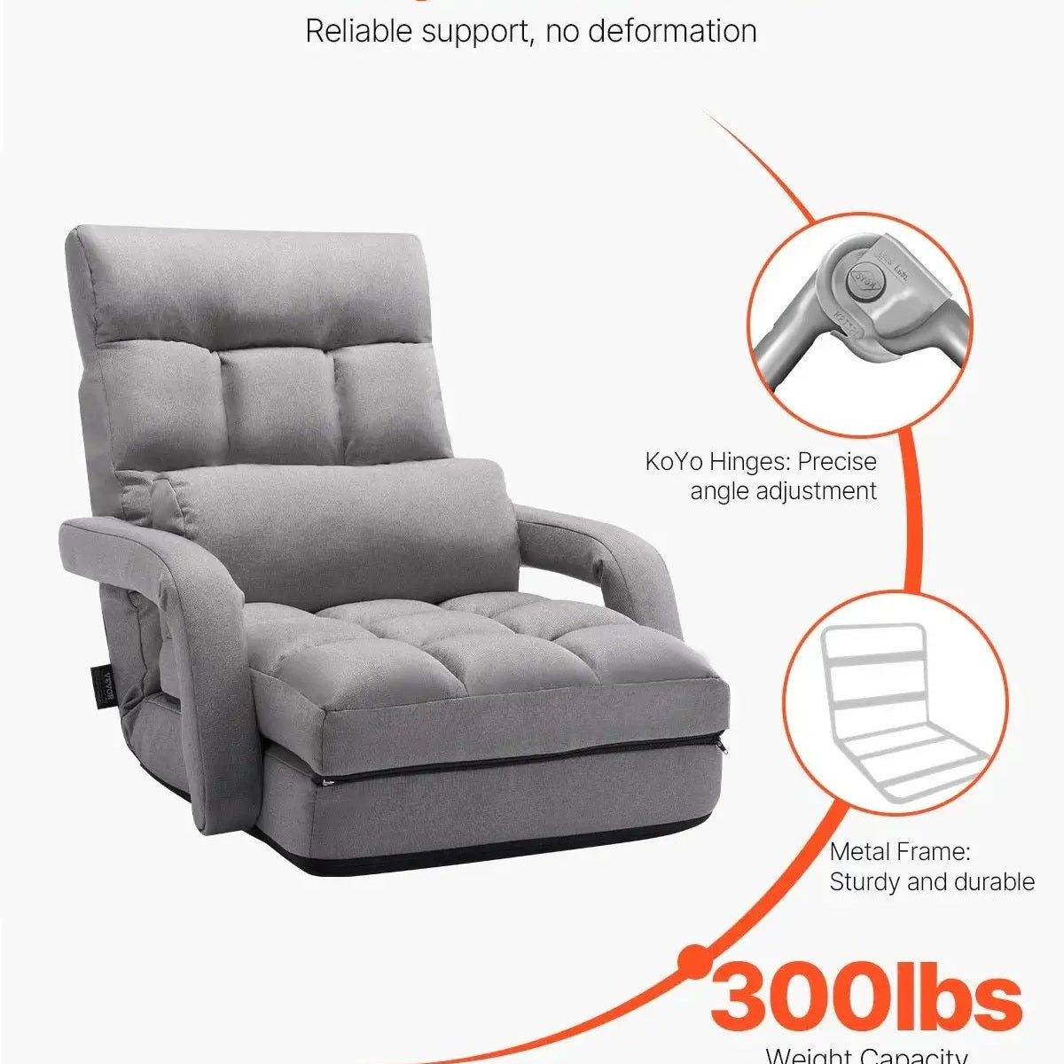 Gray Floor Chair Folding Sofa Lounger With 5 Adjustable Positions by Platinum-Level Office Chairs