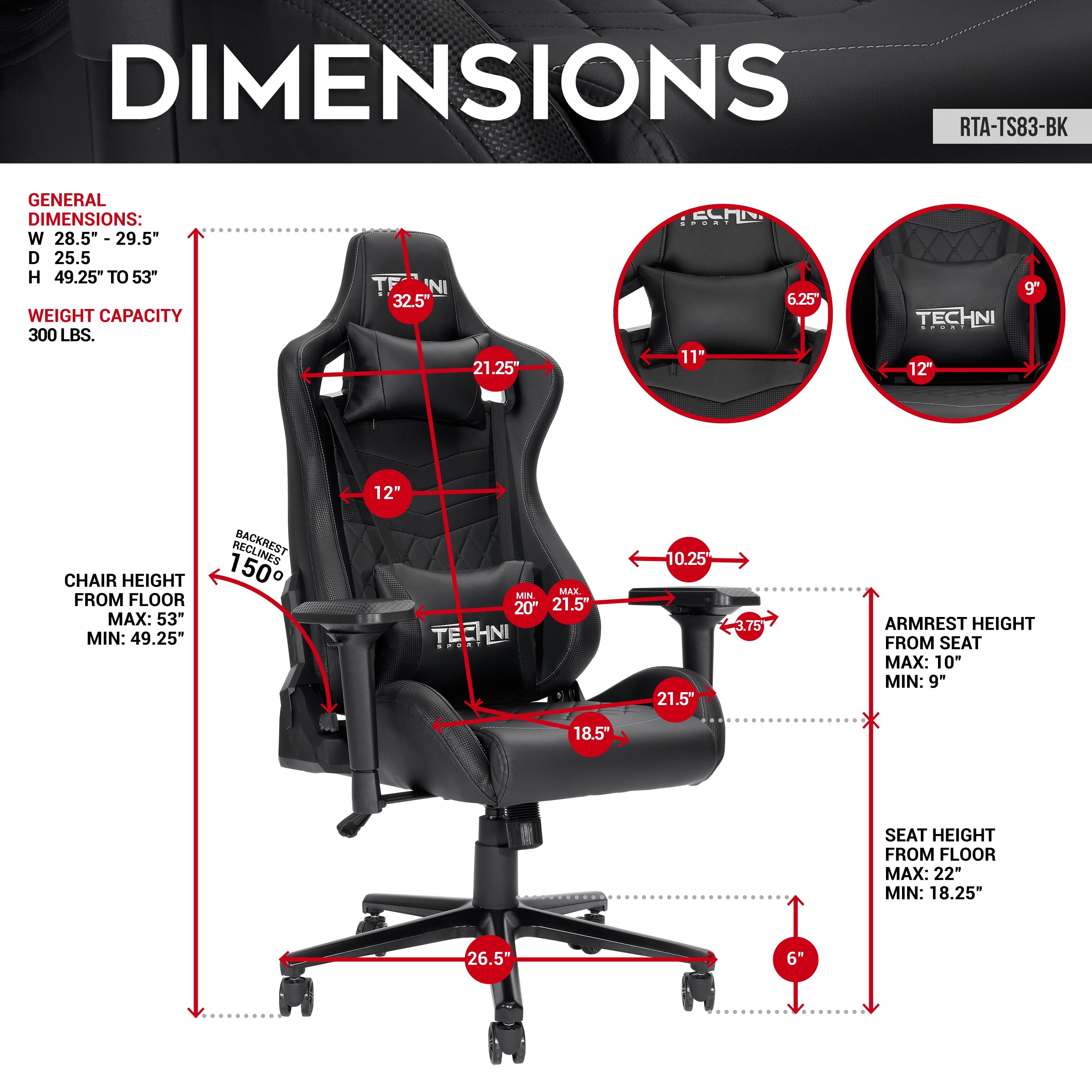 Techni Sport TS-83 gaming chair base and casters detail