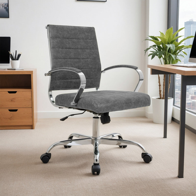 30 PCS Benmar Leather Office Desk Computer Chair with Ribbed Seat and Steel Frame - Charcoal