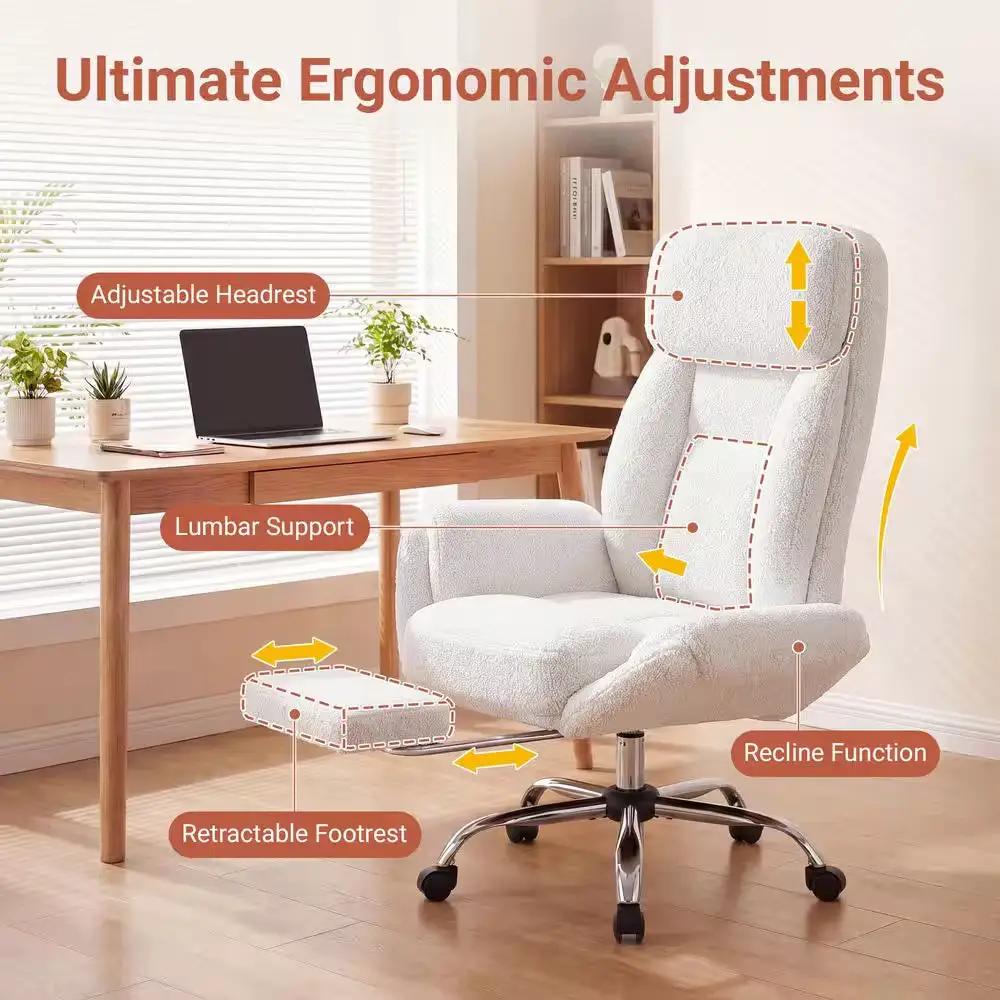 Big and Tall Teddy Fabric Footrest with Flip Armrests Office Chair in White, Cross Legged Computer Desk Chair
