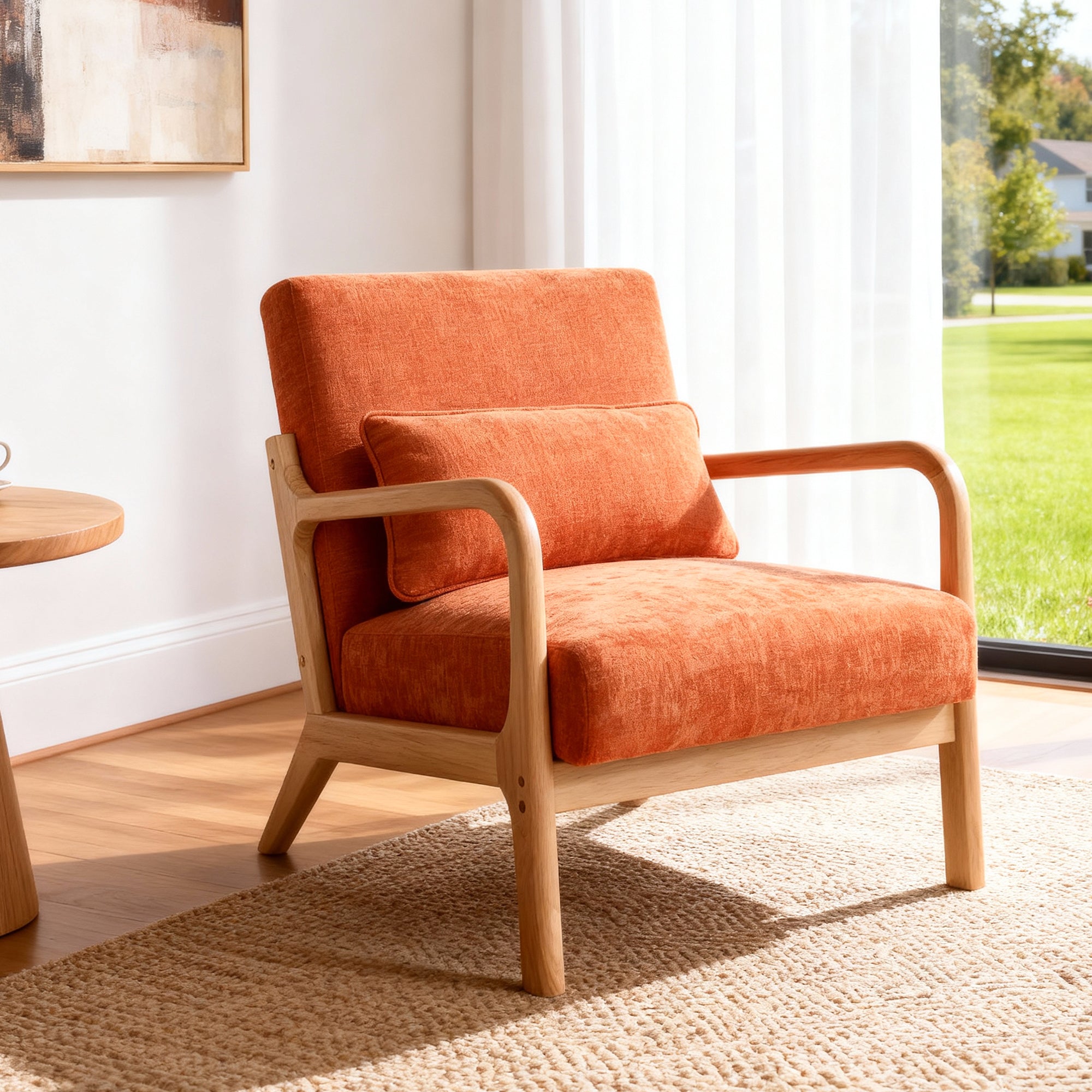 Mid Century Bright Orange Armchair With Detachable Lumbar Pillow