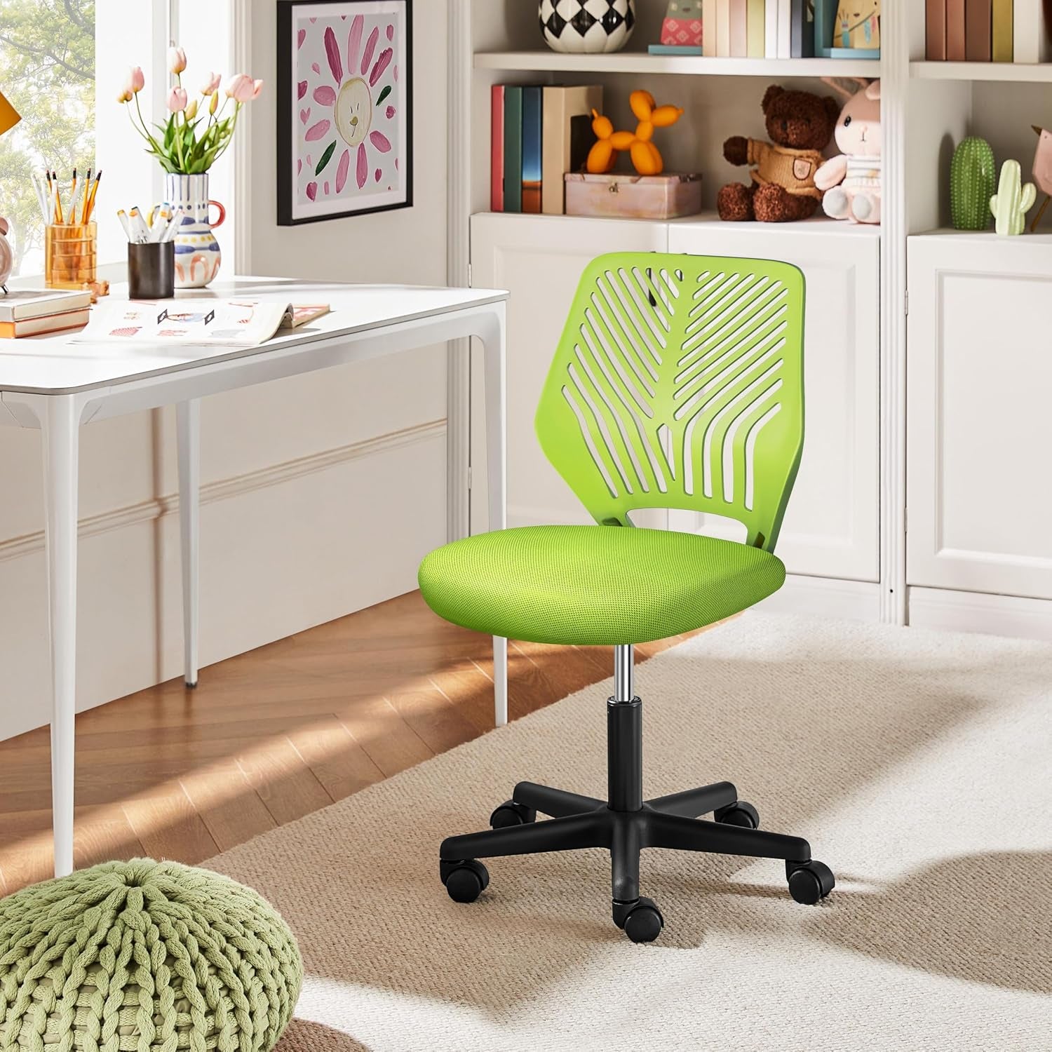 Yaheetech Small Desk Chair, Armless Adjustable Swivel Seat, Green | Padded Mesh Seat and Ventilated Resin Back, Compact Armless Frame Rolls and Adjusts for Study and Small Desks, Holds 300 Lb.