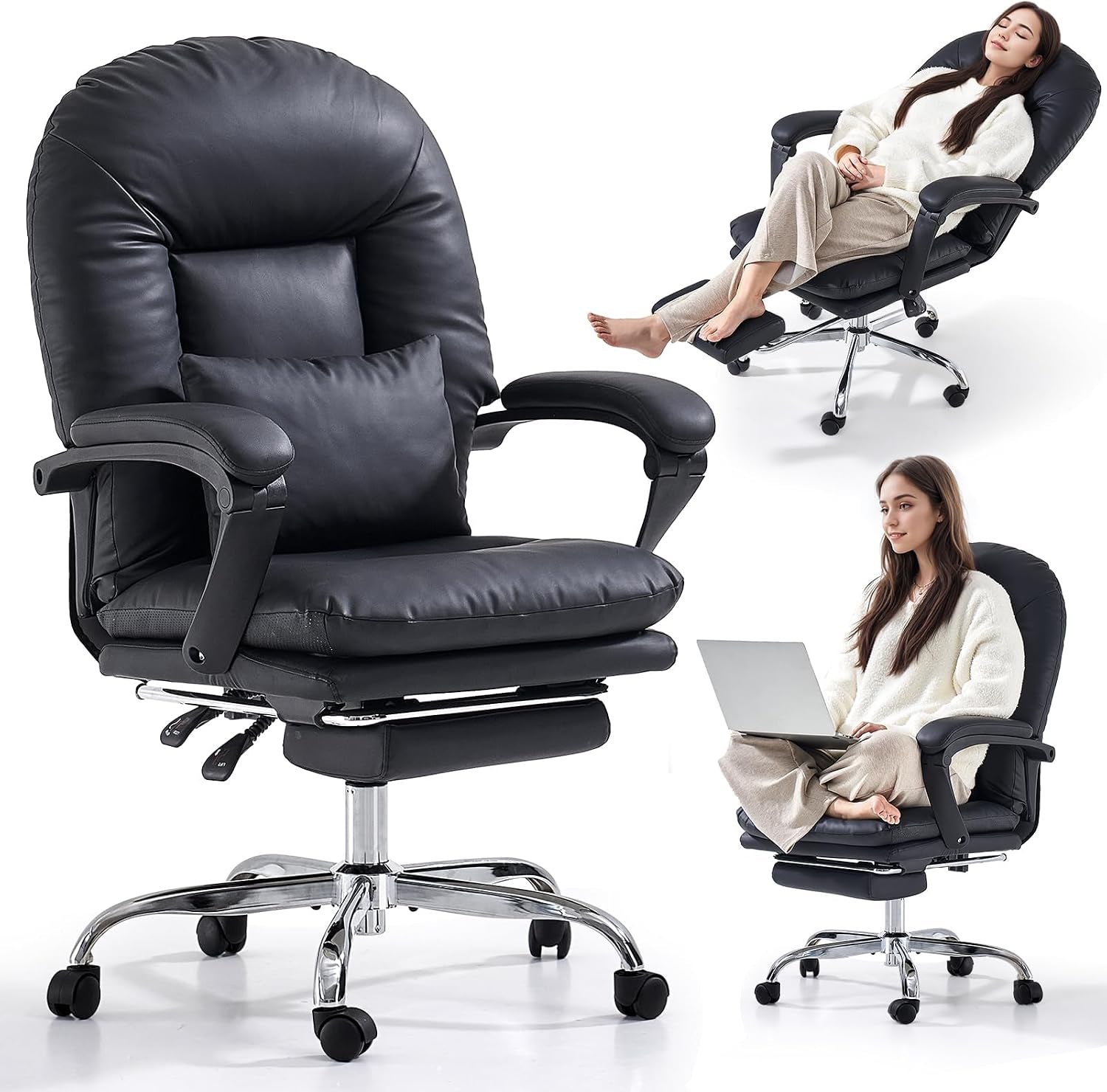 EMIAH Office Chair with Foot Rest Reclining Desk Chair Comfy, PU Leather