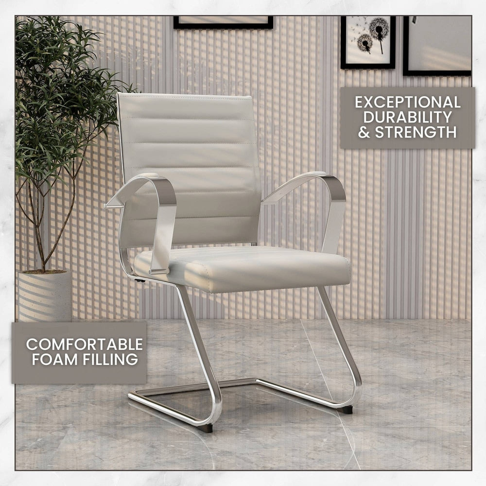 24 PCS Benmar Leather Upholstered Computer Office Chair with Sled Base, Padded Armrests for Home or Office - Tan
