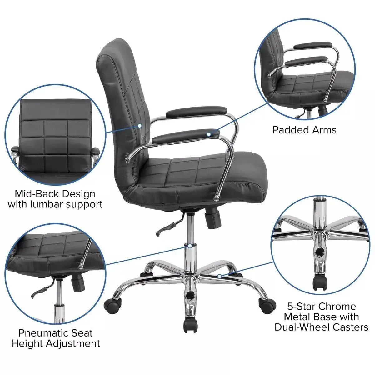 Flash  Mid-Back Vinyl Executive Swivel Office Chair with Chrome Base and Arms Platinum-Level Office Chairs