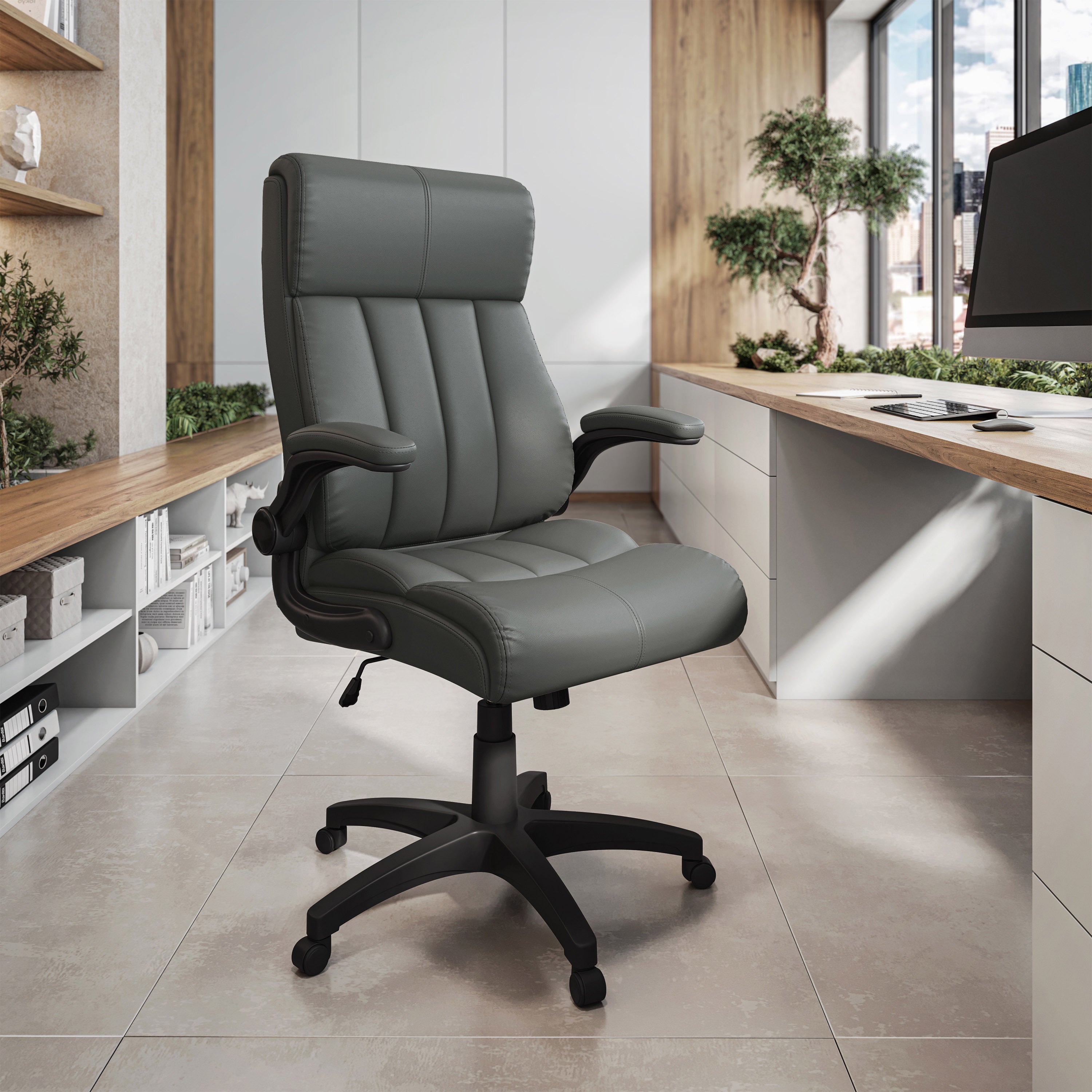 Grey Ultra Padded PU Faux Leather Ergonomic Executive Office Chair Desk Chair with Flip Up Armrests Adjustable Height and Tilt Control - Platinum-Level Office Chairs
