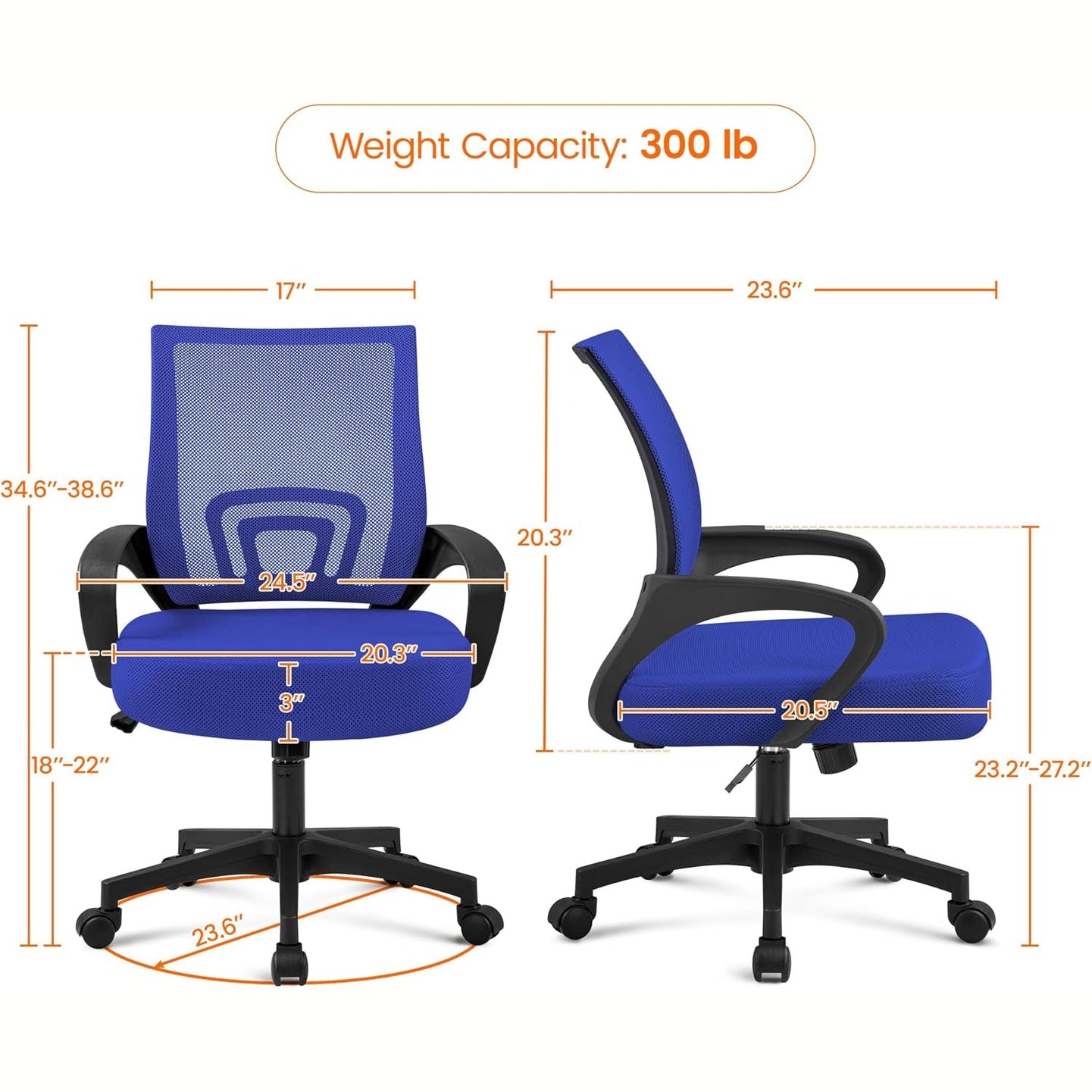 Yaheetech Mid Back Mesh Computer Office Desk Chair Adjustable Swivel, Blue | Breathable Mesh Back and Foam Padded Seat for Comfortable Work at Home or Office; Steel Frame Holds 300 Lb, Easy Assembly.