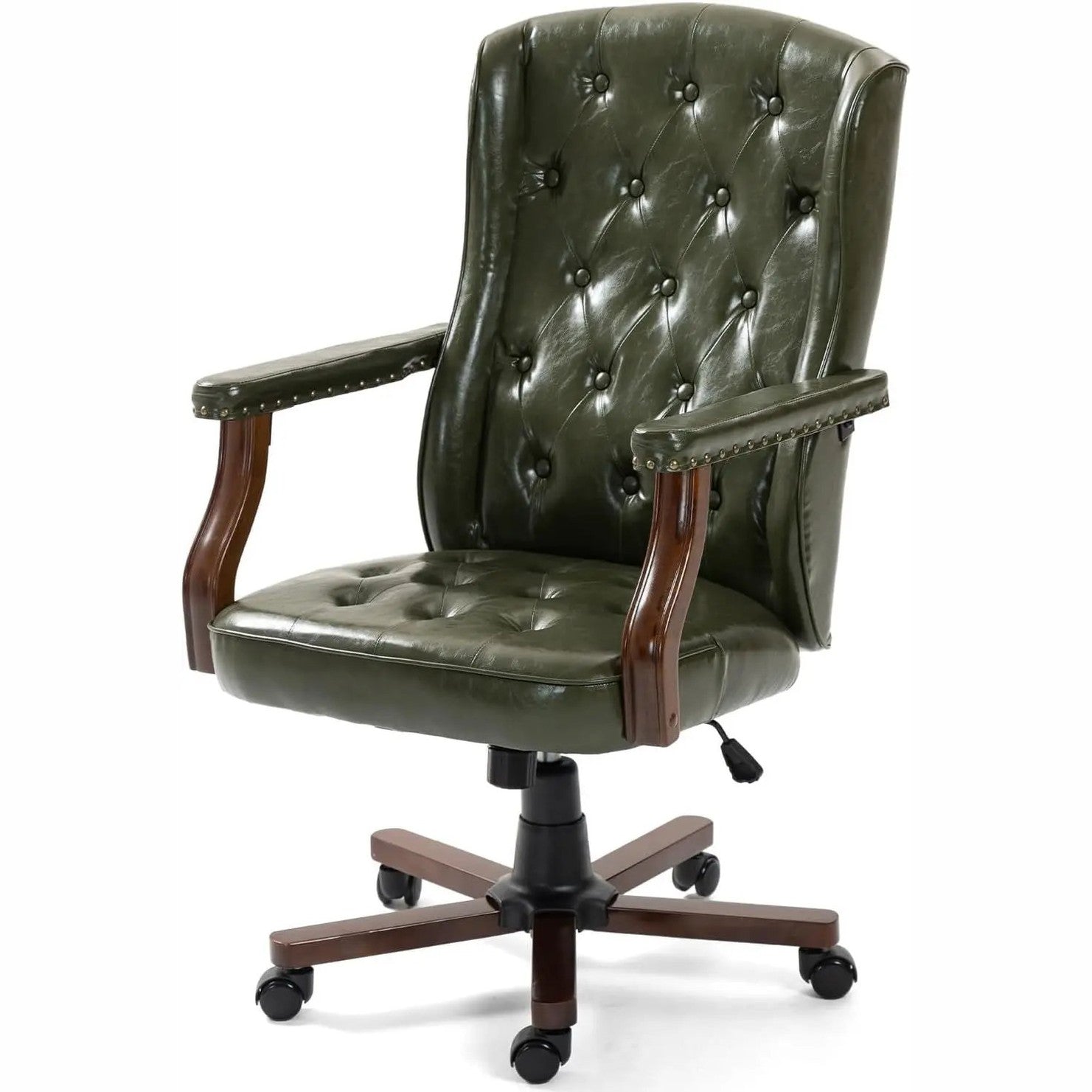 ECOTOUGE green faux leather executive desk chair with tufted wingback, wood armrests and rolling base
