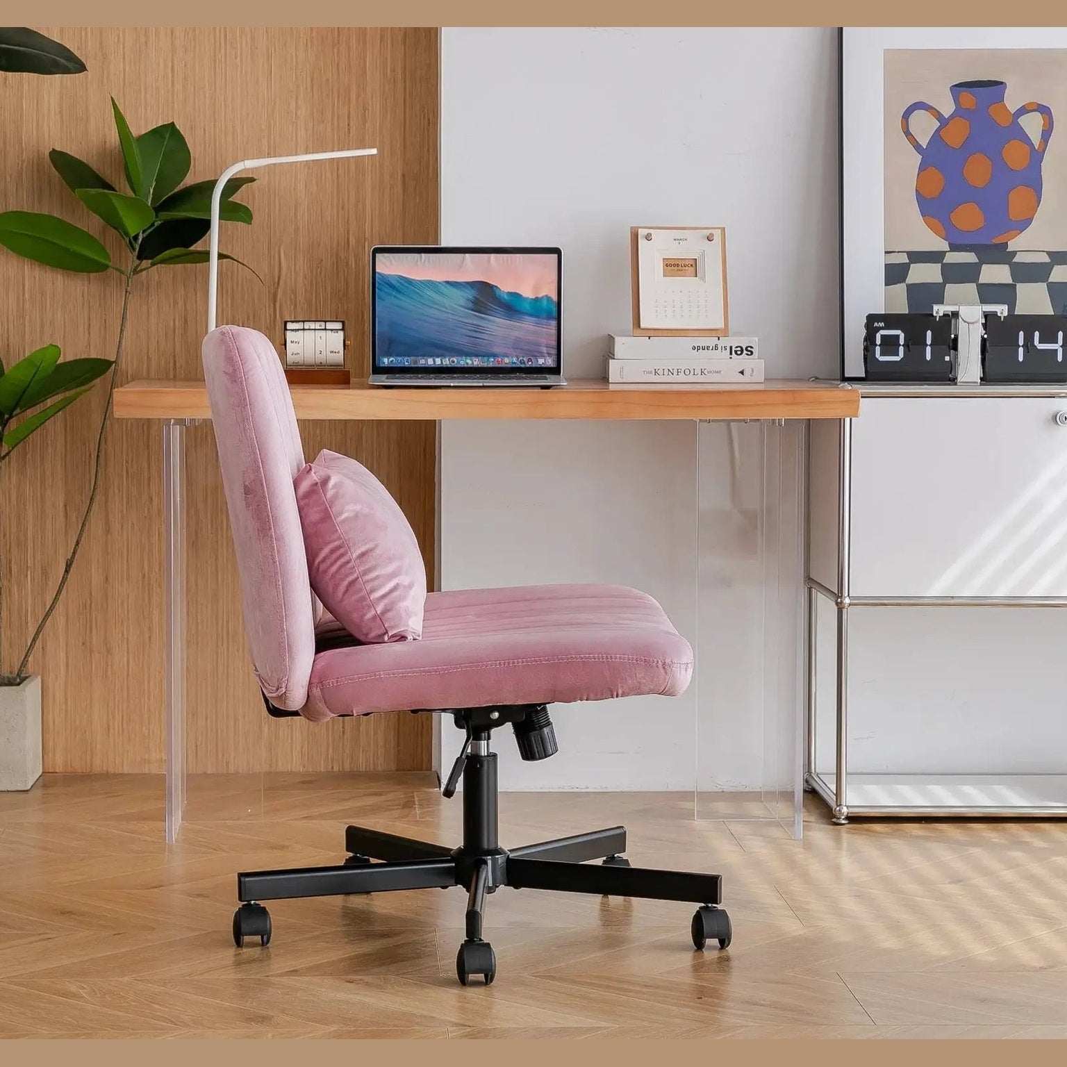 Light Pink Velvet Criss Cross Armless Office Chair With Wheels Makeup by Platinum-Level Office Chairs