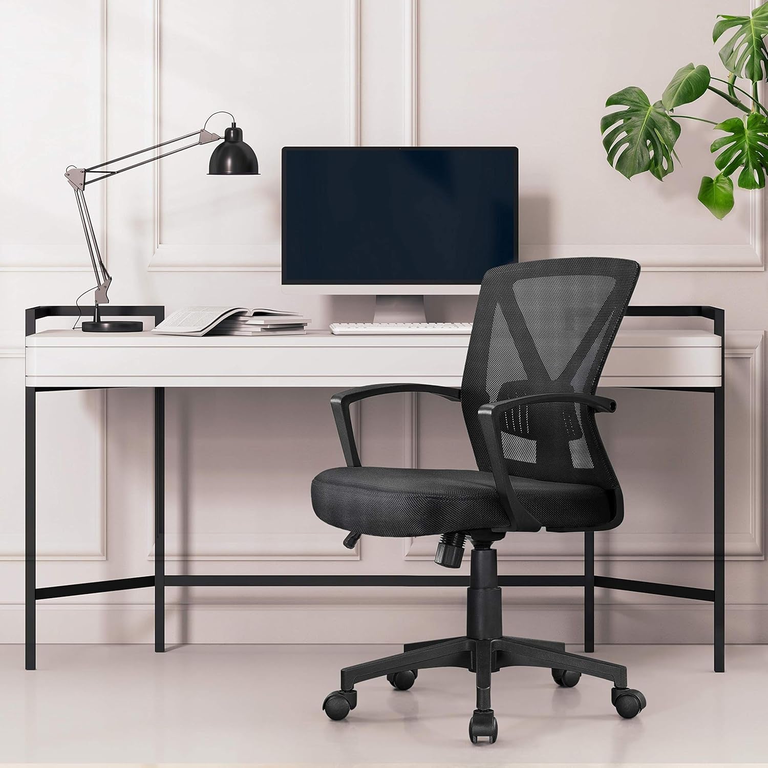 Yaheetech Mid-Back Mesh Task Office Desk Chair with Wheels and Arms, Black | Breathable Mesh Back and Foam-Padded Seat for All-Day Comfort; Sturdy Metal Frame, Height Adjustable, and Easy to Assemble