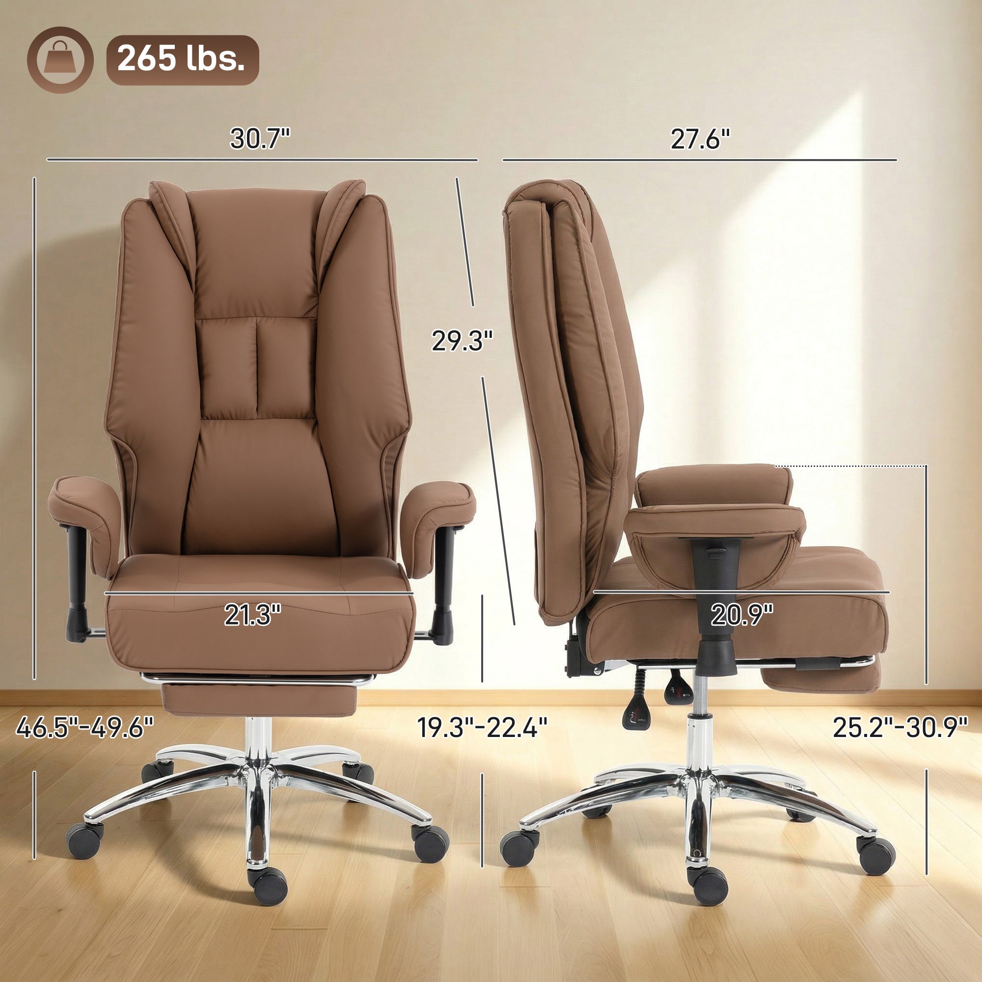 HOMCOM Brown Faux Leather Executive Office Chair - dimensions, 265 lb capacity