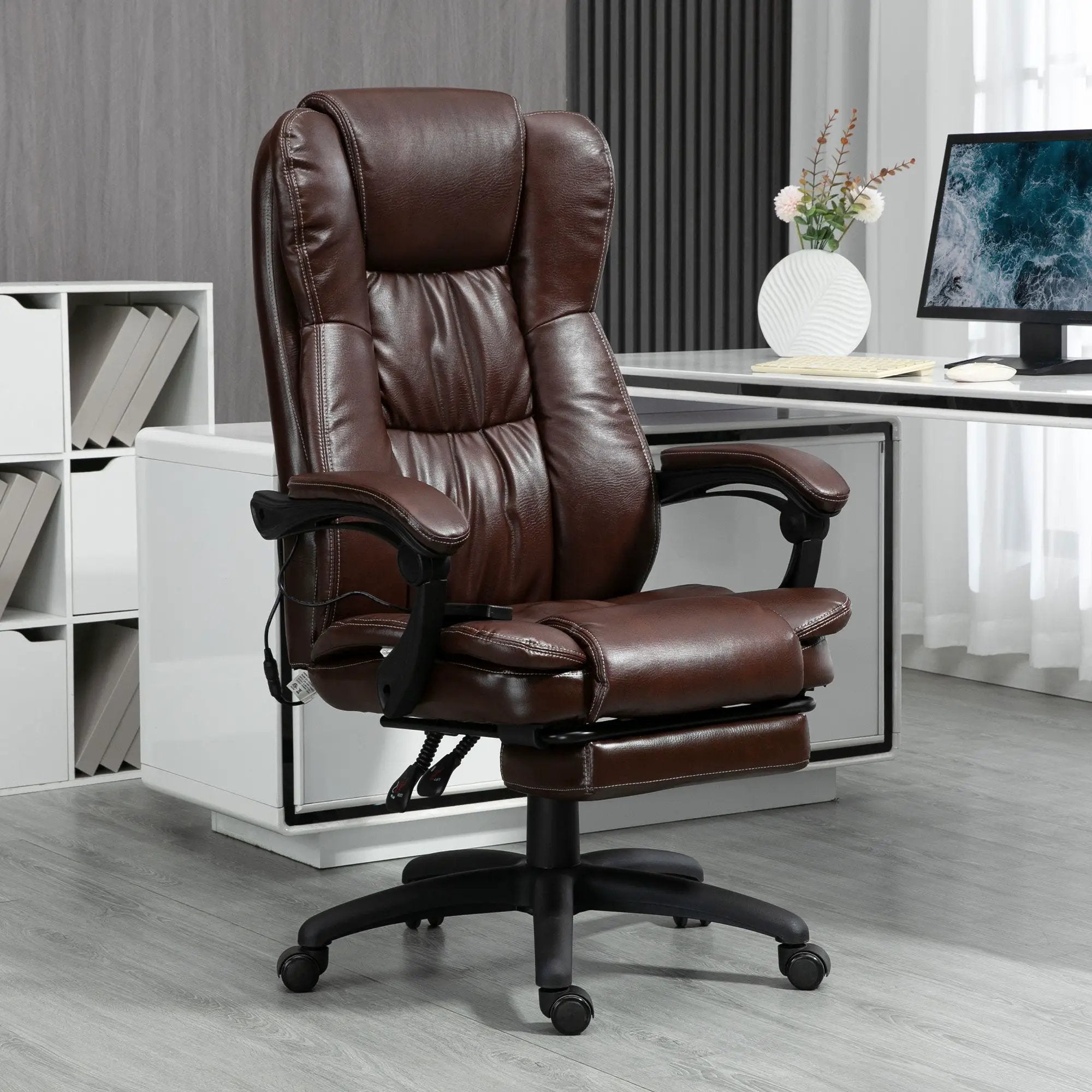 High Back Massage Office Chair with 6-Point Vibration, 5 Modes, Executive Chair, PU Leather Swivel Chair with Reclining Back, and Retractable Footrest, Brown by Doba