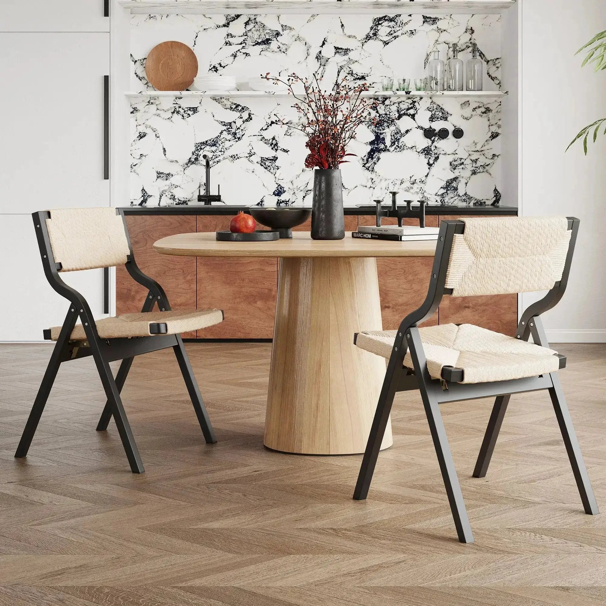 Space-Saving Wood Folding Dining Chairs - Woven Seat Set of 2 - Platinum-Level Office Chairs