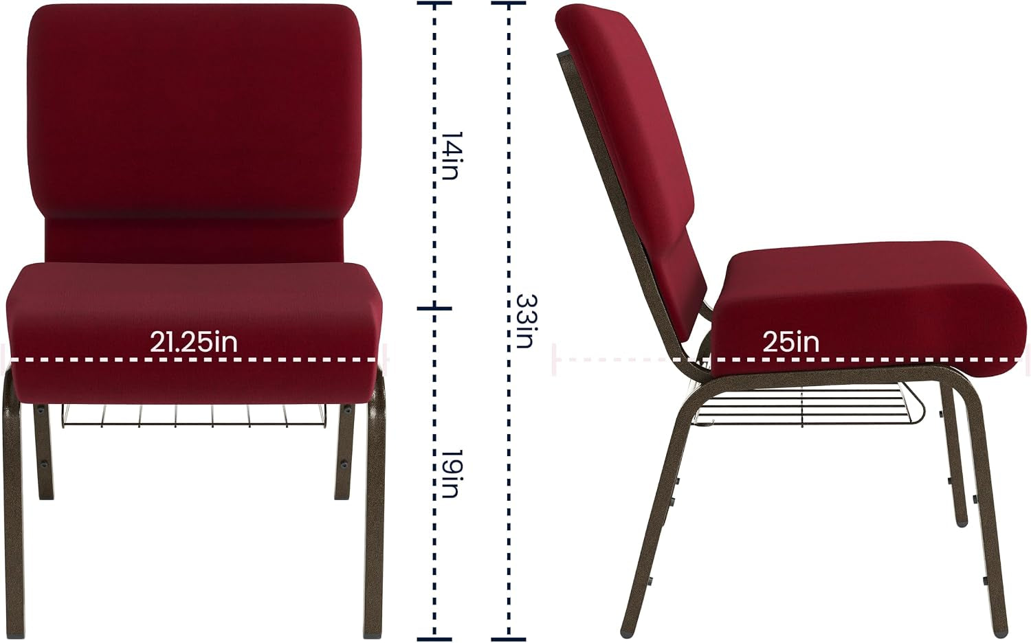 Flash Furniture 4 Pack HERCULES Series 21''W Church Chair in Burgundy Fabric with Cup Book Rack - Gold Vein Frame