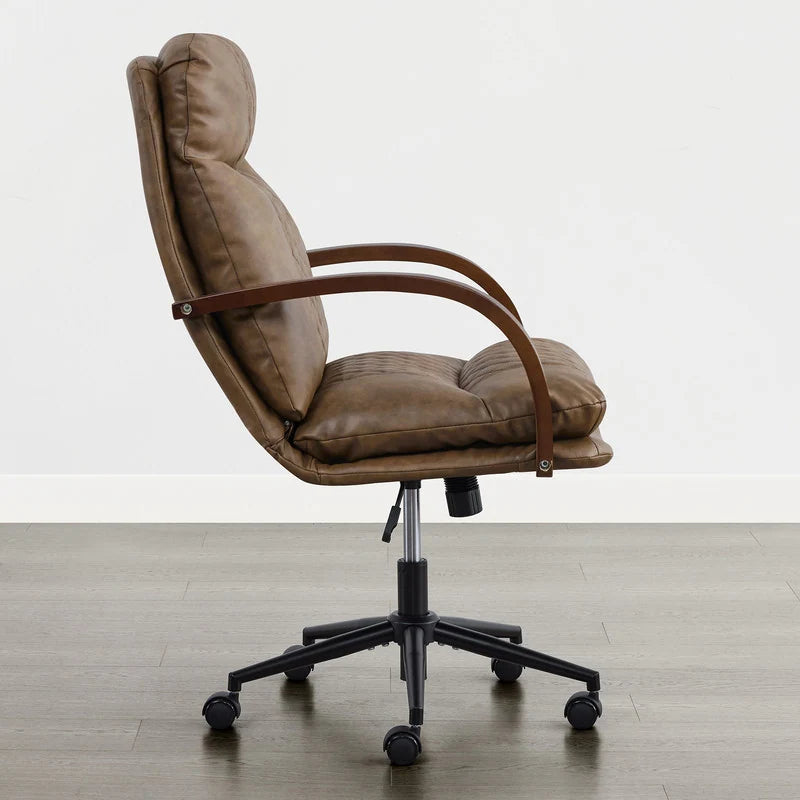 Upholstered Swivel Office Chair with Wood Arms