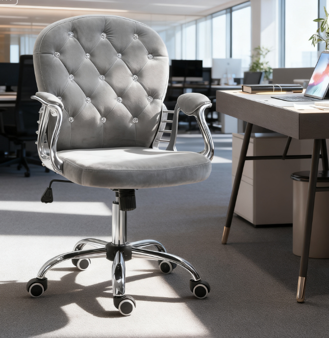 Dark Grey Tufted Velvet Swivel Office Chair