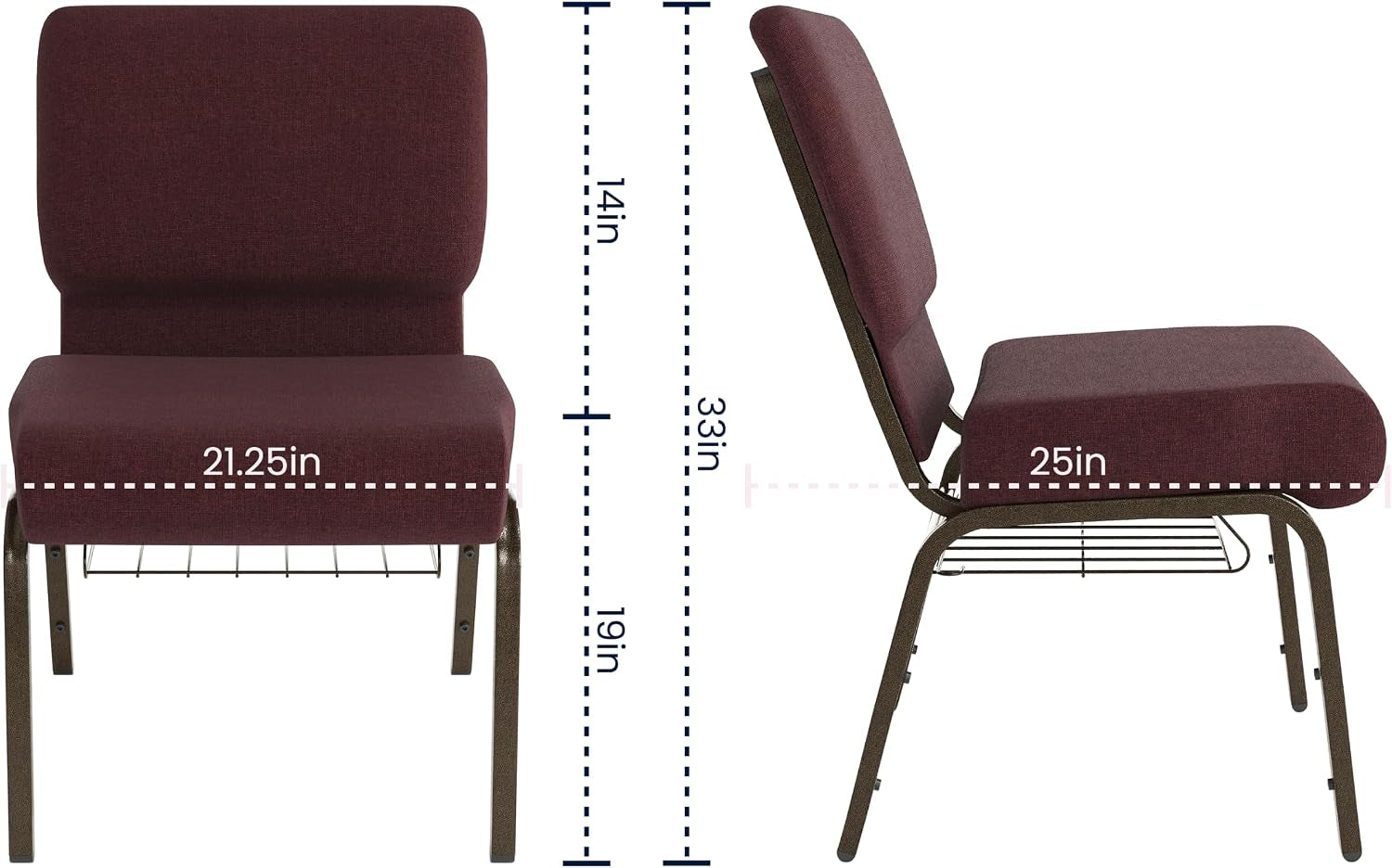 Flash Furniture HERCULES Series 21''W Church Chair in Plum Fabric with Cup Book Rack - Gold Vein Frame