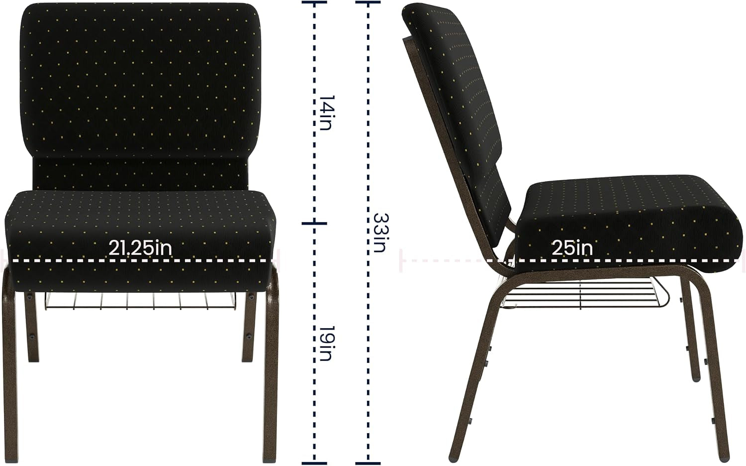 Flash Furniture HERCULES Series 21''W Church Chair in Black Dot Patterned Fabric with Cup Book Rack - Gold Vein Frame