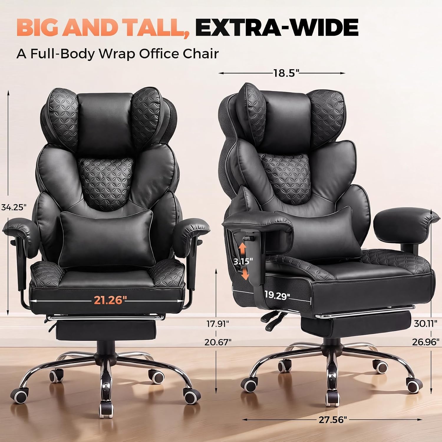 COMHOMA Big and Tall Office Chair with Upgrade Footrest, Heavy Duty Gaming Chair High Back Executive Chair with Spring Lumbar Support for Lower Back Pain Relief, 150°Reclining Adjustable Armrests