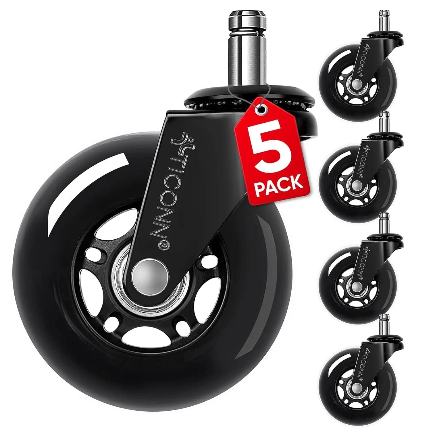 TICONN 5-pack office chair caster wheels in black, universal fit for most chairs.