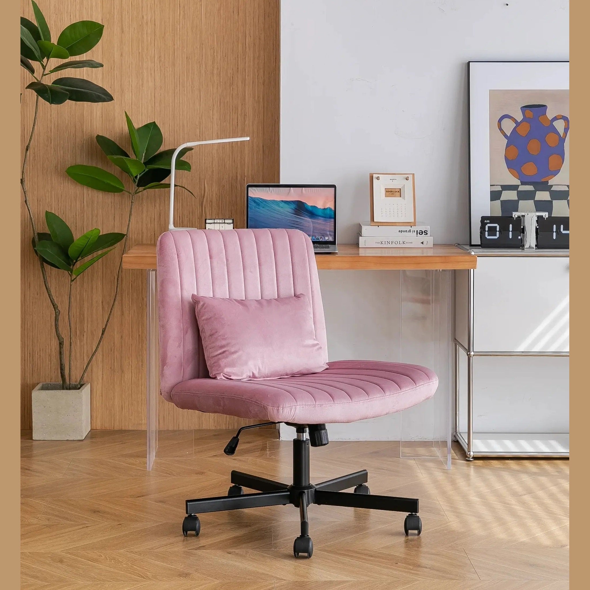 Light Pink Velvet Criss Cross Armless Office Chair With Wheels Makeup by Platinum-Level Office Chairs