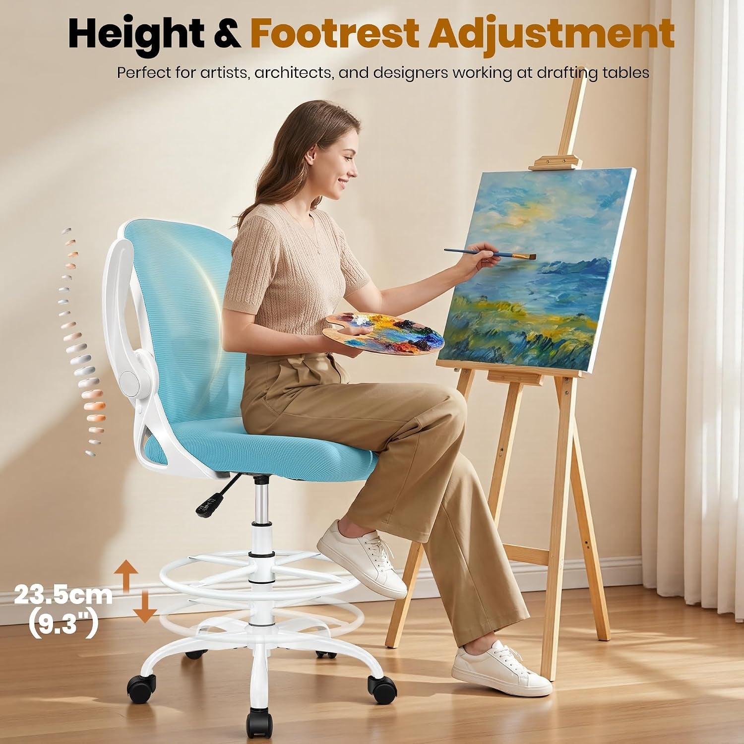 Primy Drafting Chair Tall Office Chair with Flip-Up Armrests Executive Ergonomic Computer Standing Desk Chair with Lumbar Support and Adjustable Footrest Ring（Blue）