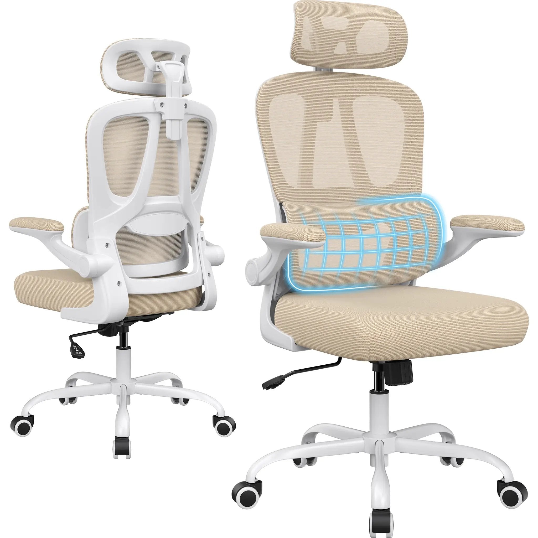 Ergonomic office chairs, beige fabric with white frame, headrest and lumbar support, Platinum-Level Office Chairs pair