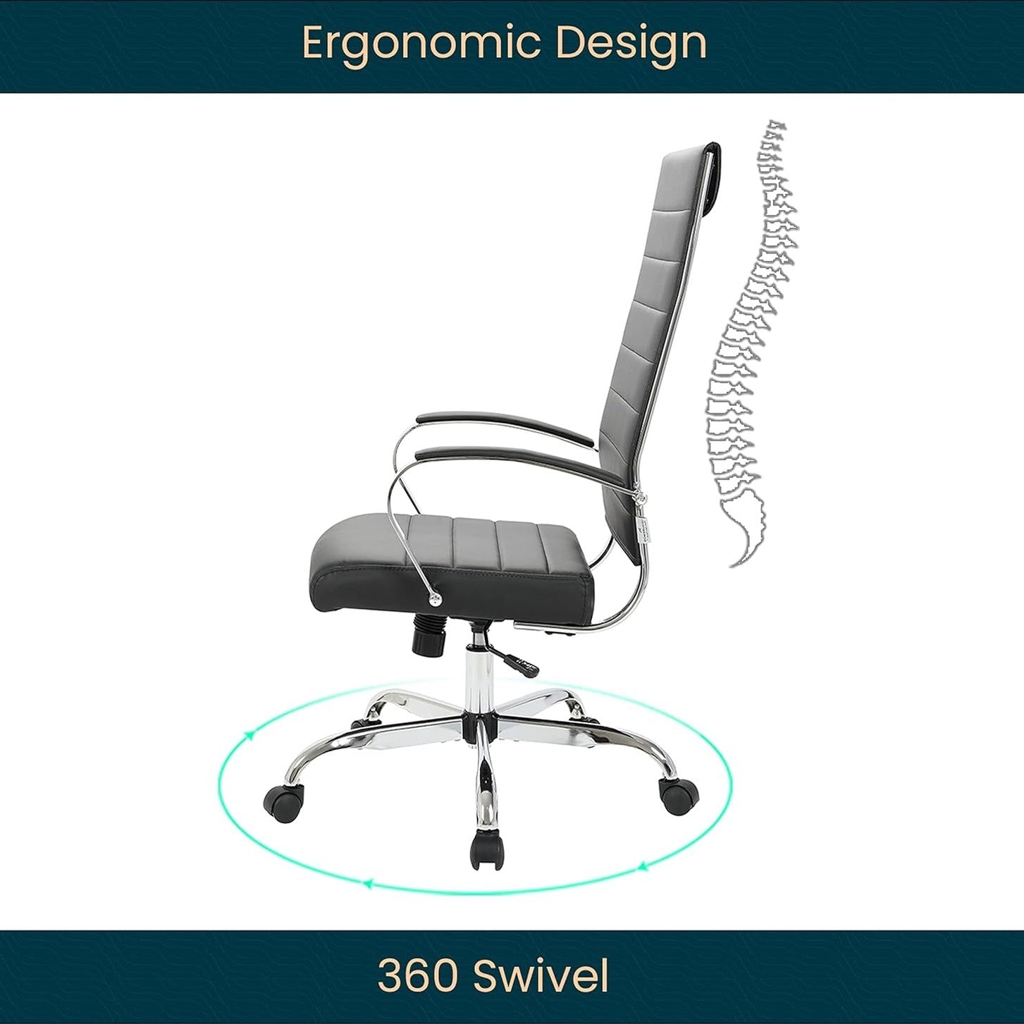 Leisuremod Benmar Modern High-Back Office Chair, 360-Degree Adjustable Swivel Task Furniture in Leather Upholstery with Ribbed Backrest for Home and Office