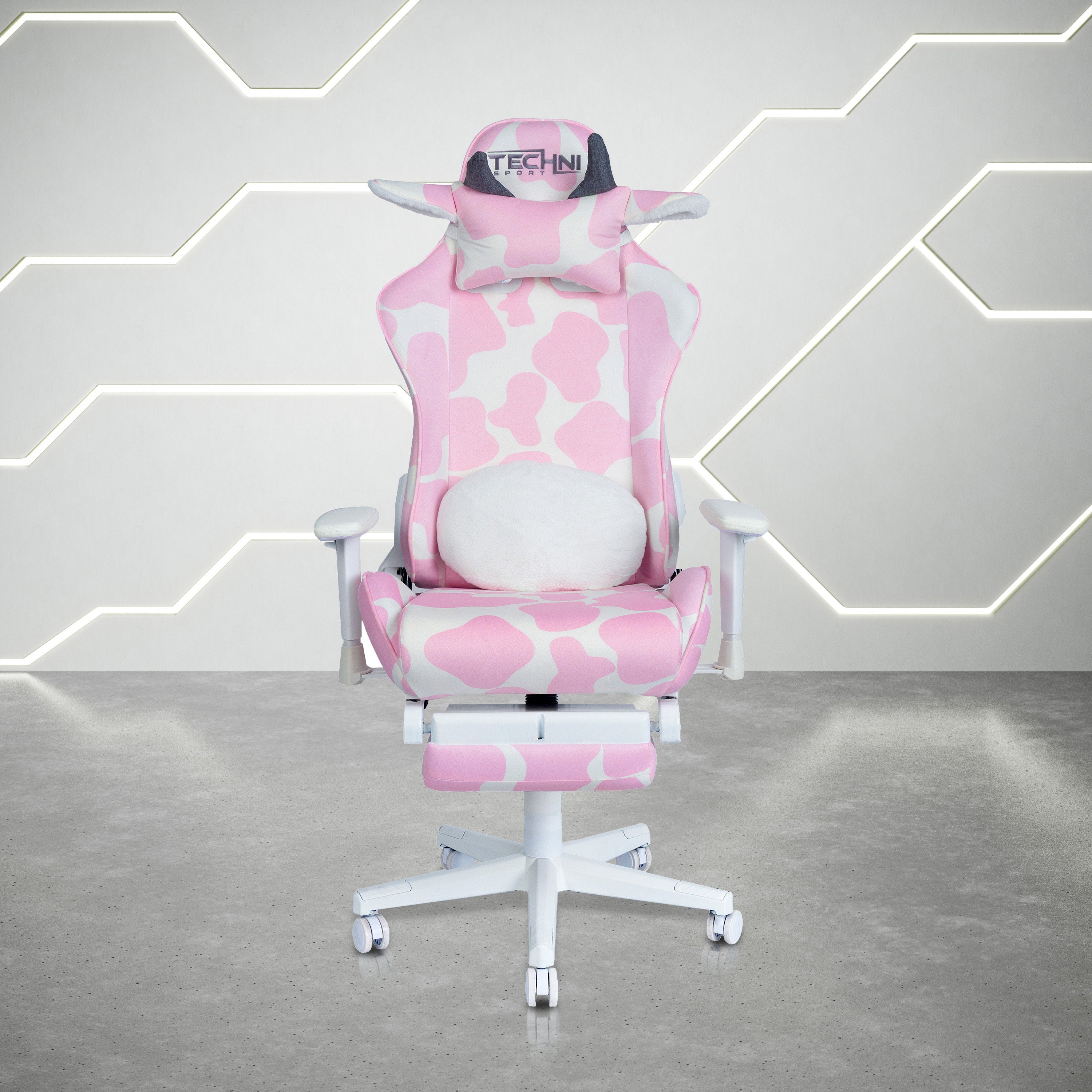 Pink Cow Print Gaming Chair With Premium Adjustable Footrest - Platinum-Level Office Chairs
